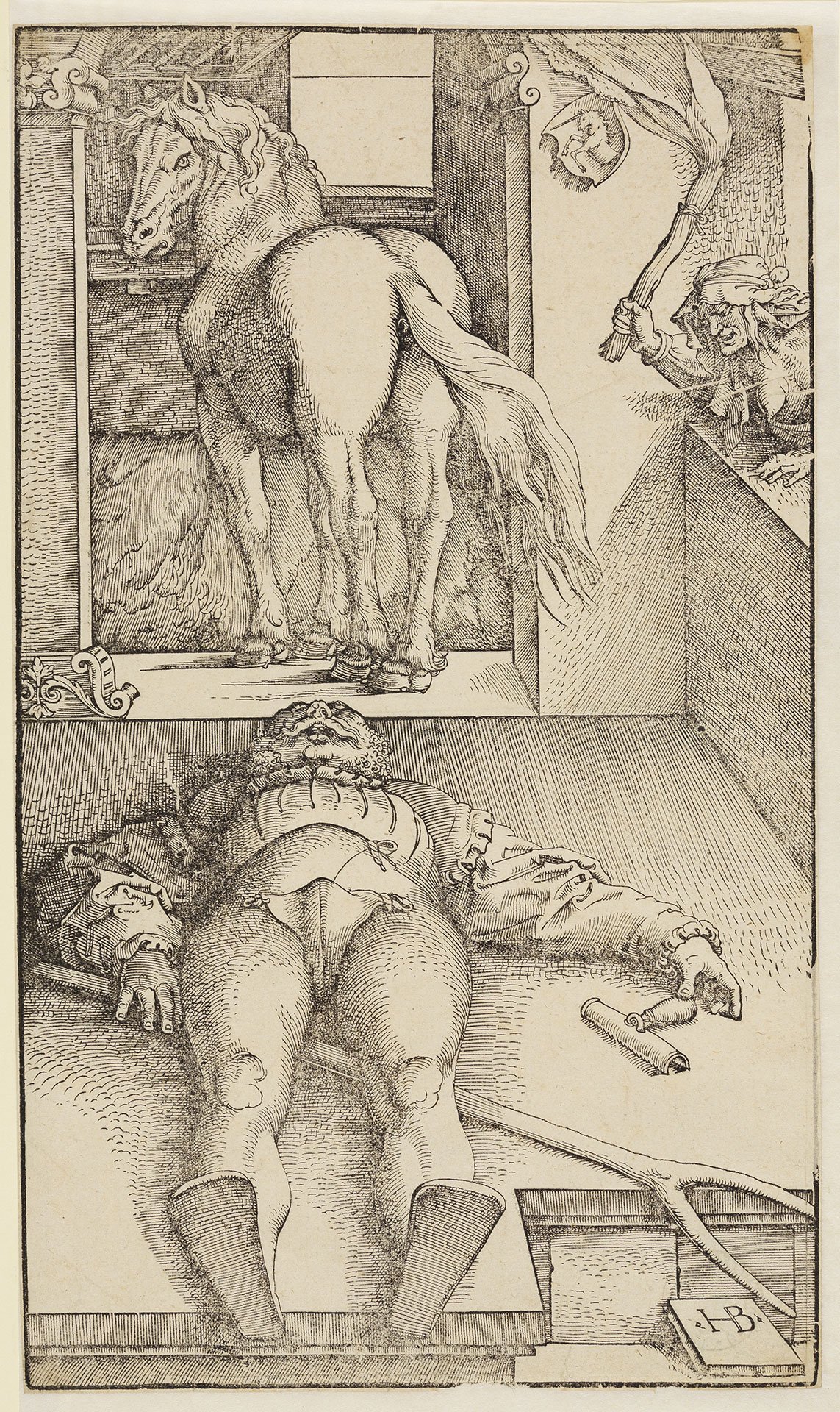 Abbildung des Werks "Der behexte Stallknecht“ des Künstlers Hans Baldung Grien. Es zeigt einen Mann, der auf dem Rücken in einem Stall liegt. Hinter ihm ist ein Pferd.