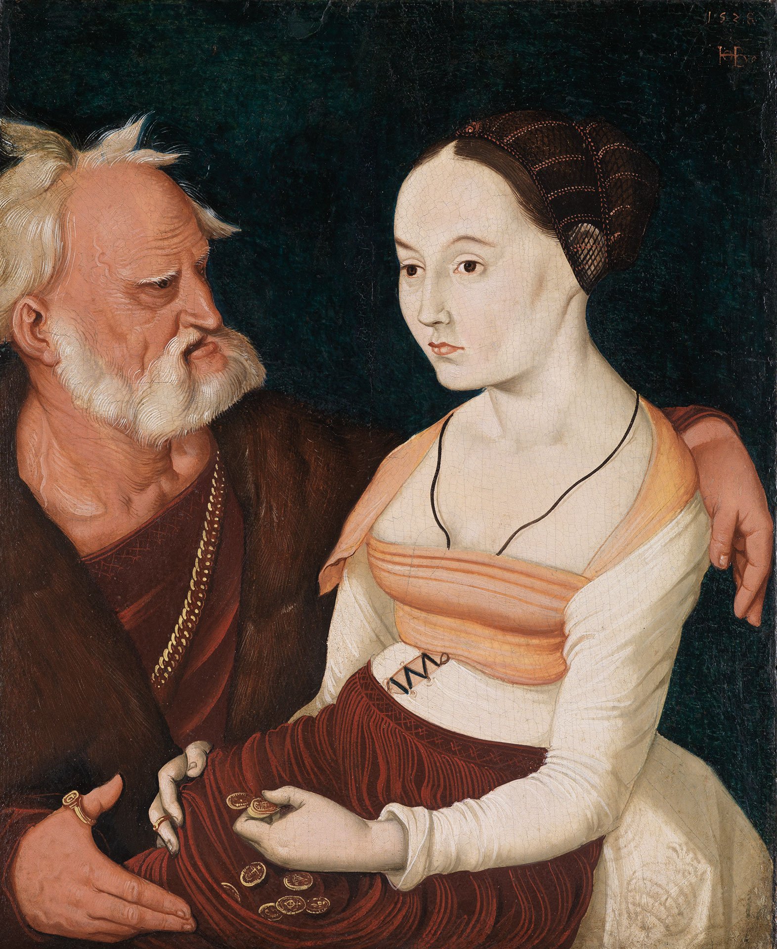 Eine junge Frau sitzt und hat Geldmünzen in ihrer Schürze. Links sitzt ein alter Mann und legt seine Hand um die Frau.