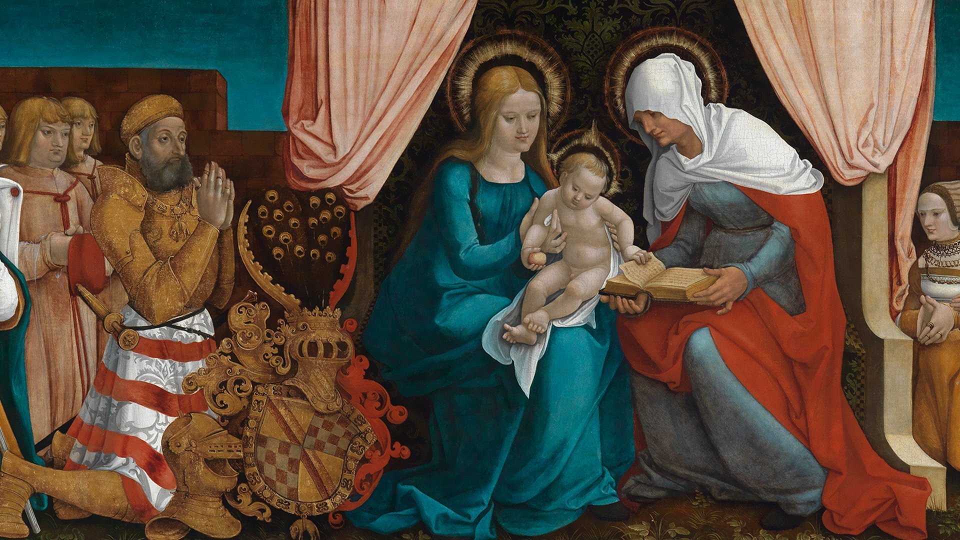Abbildung eines Details von Hans Baldung Griens Markgrafentafel. Zu sehen sind zwei Frauen die ein Baby halten.