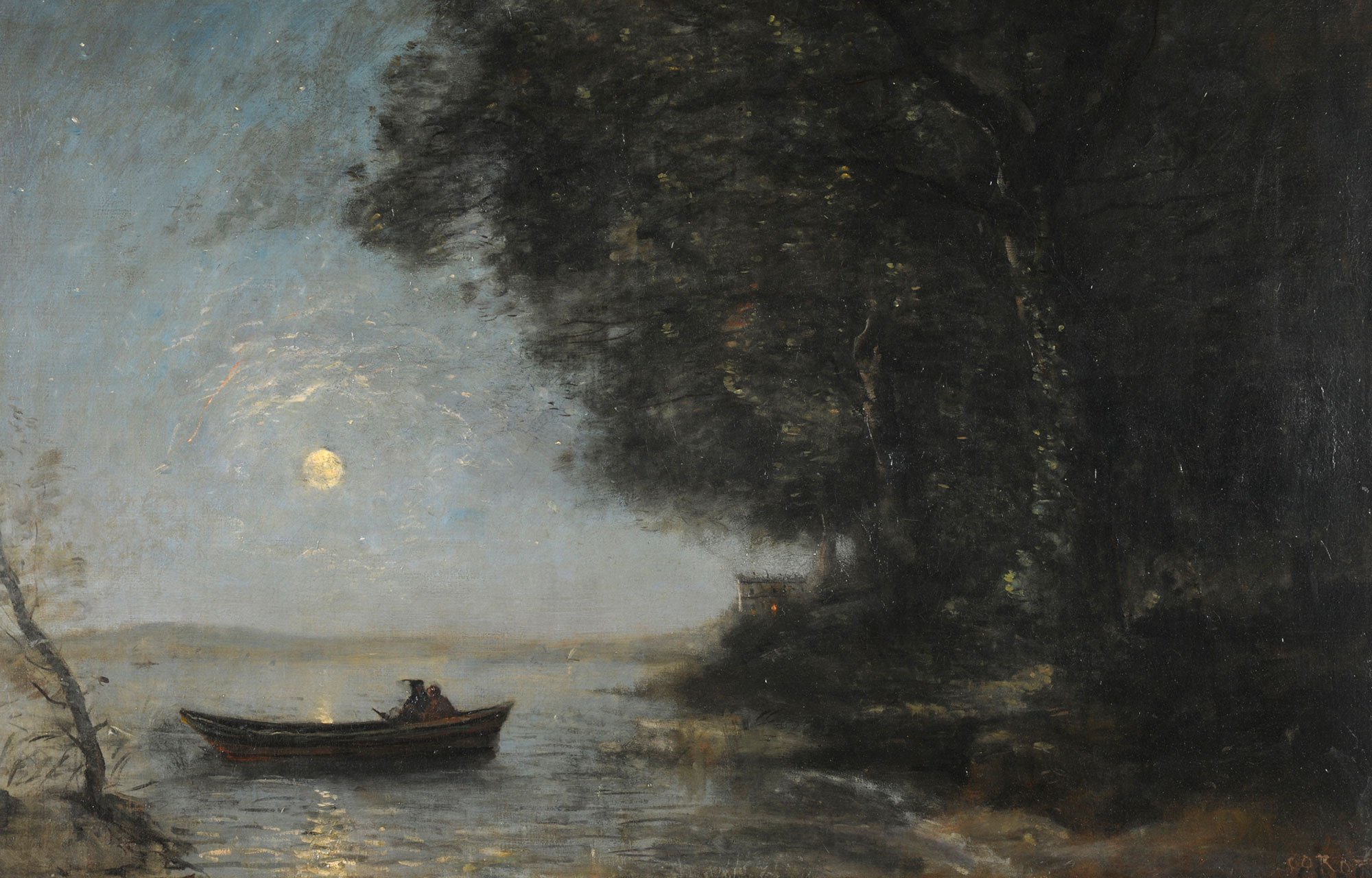 Szene an einem nächtlichem See: Rechts sieht man das dunkel Ufer mit Bäumen. In der Mitte ein kleines Bott mit zwei Fischern. Im Hintergrund sieht man den Vollmond.