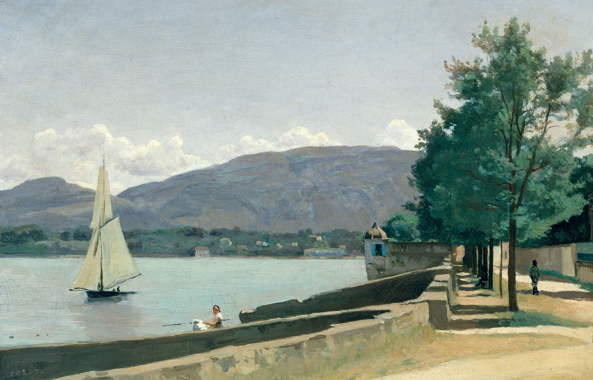Urbane Uferszene an einem See. Rechts sieht man einen Allee und links den See mit einem Segelboot. Das Bild ist von Camille Corot.