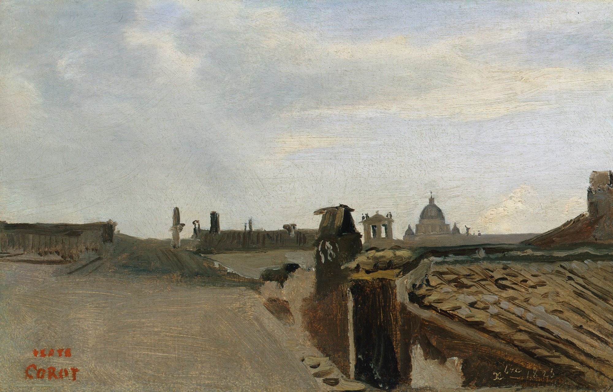 Blick über eine Dachlandschaft. Zusehen sind Kamine und die Kuppel einer großen Kirche. Das Gemälde ist von Camille Corot.