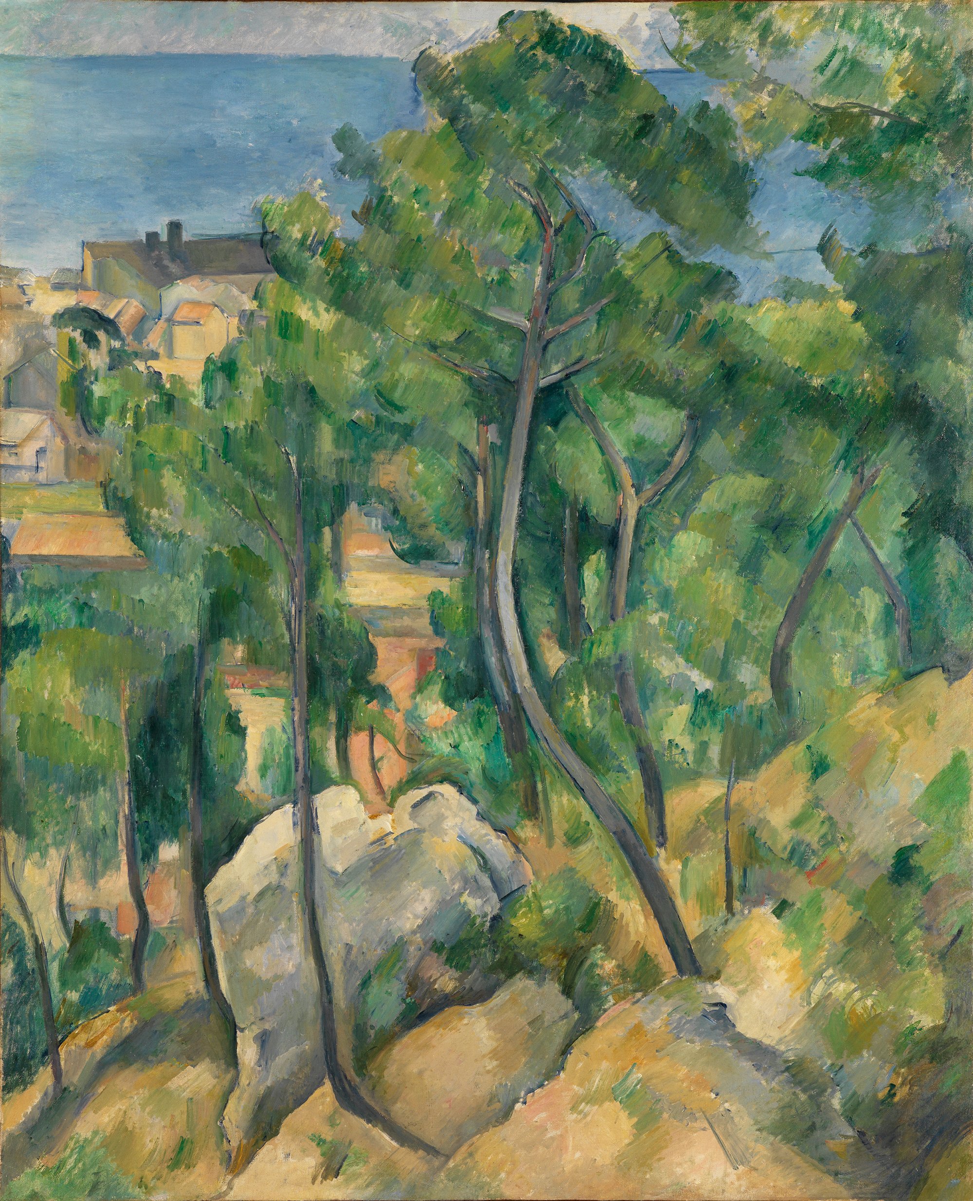 Abbildung des Werks "Blick auf das Meer bei L’Estaque" des Künstlers Paul Cézanne, das in der Ausstellung "Cézanne. Metamorphosen" vom 28. Oktober 2017 bis 11. Februar 2018 in der Staatlichen Kunsthalle Karlsruhe zu sehen war.