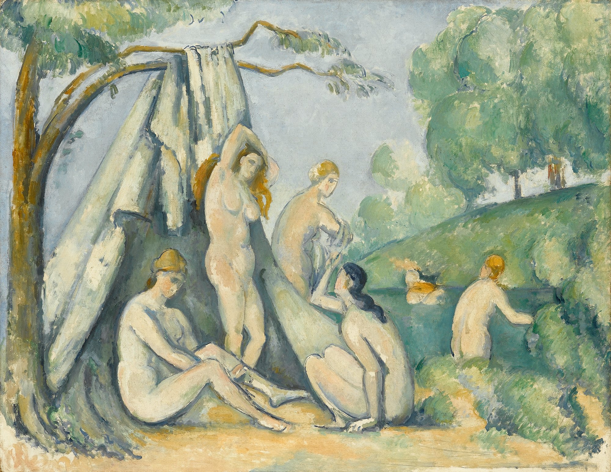 Das Kunstwerk Cézannes "Badende vor einem Zelt" zeigt sechs Frauen in einem Fluss badend.