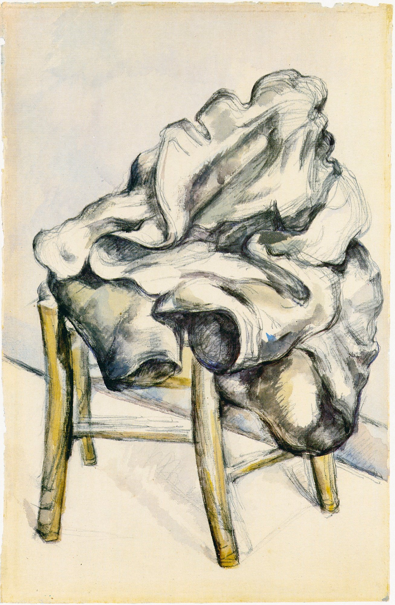 Ein Kunstwerk Cézannes zeigt einem gelben Stuhl und einer darüberliegenden Jacke.