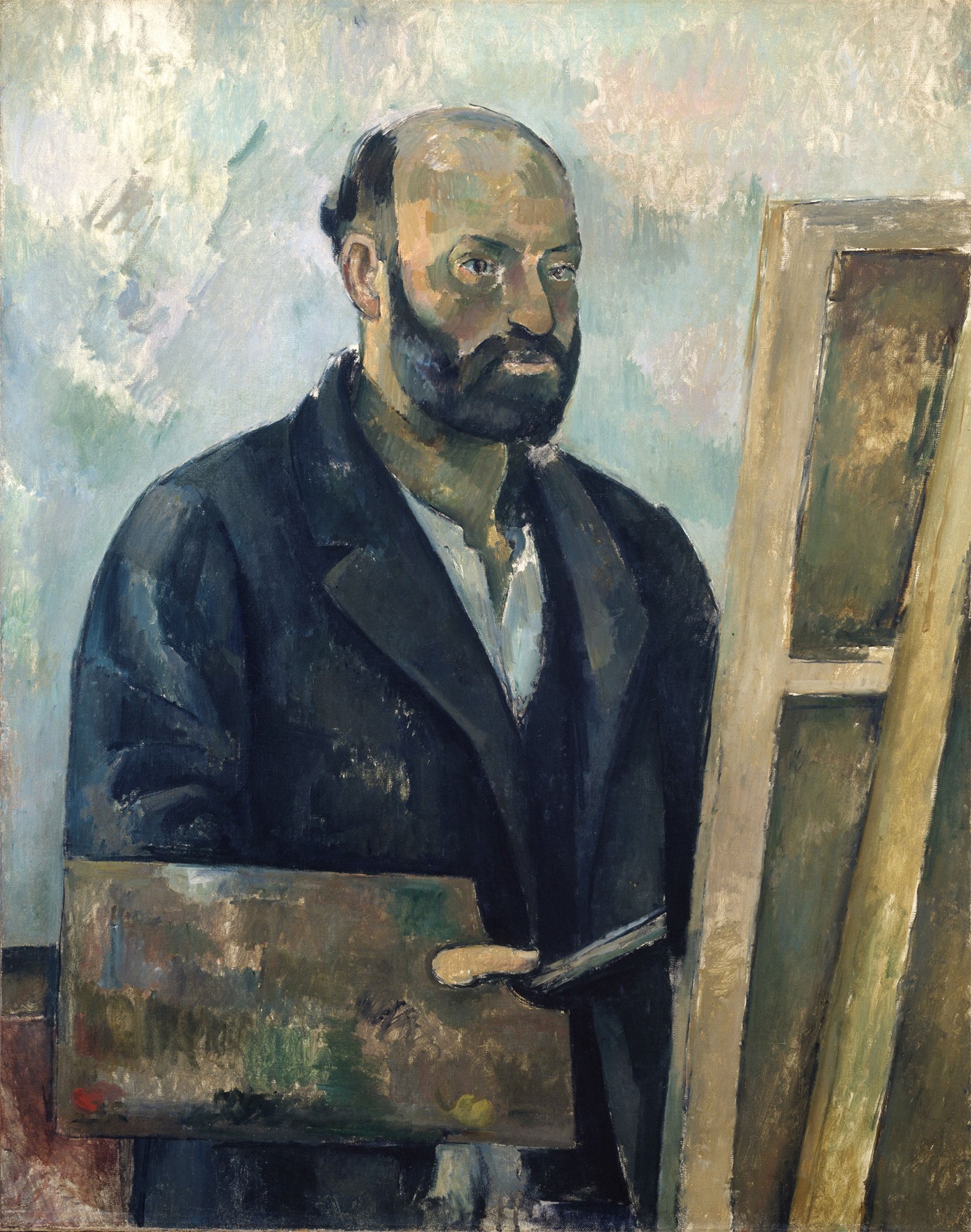 "Selbstbildnis mit Palette" des Künstlers Cézanne. Der Künstler trägt einen dunkeln Anzug und steht vor einer Palette.