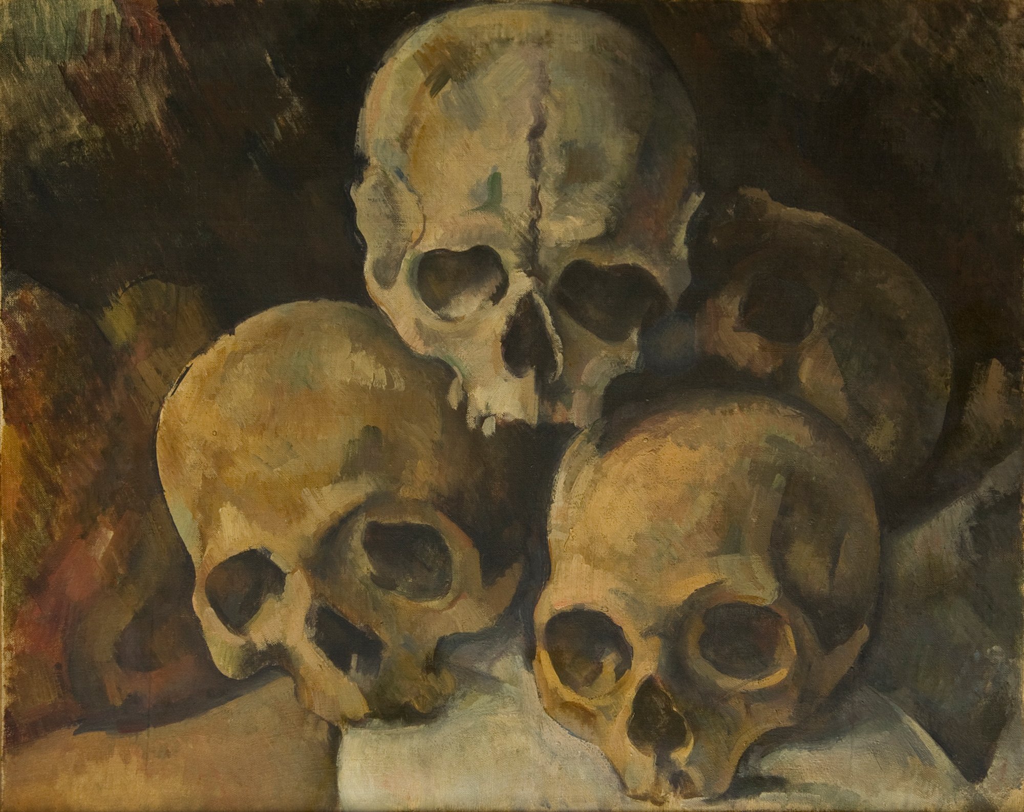 Das Cézanne Gemälde zeigt Schädel, die zu einer Pyramide aufgebaut wurden.