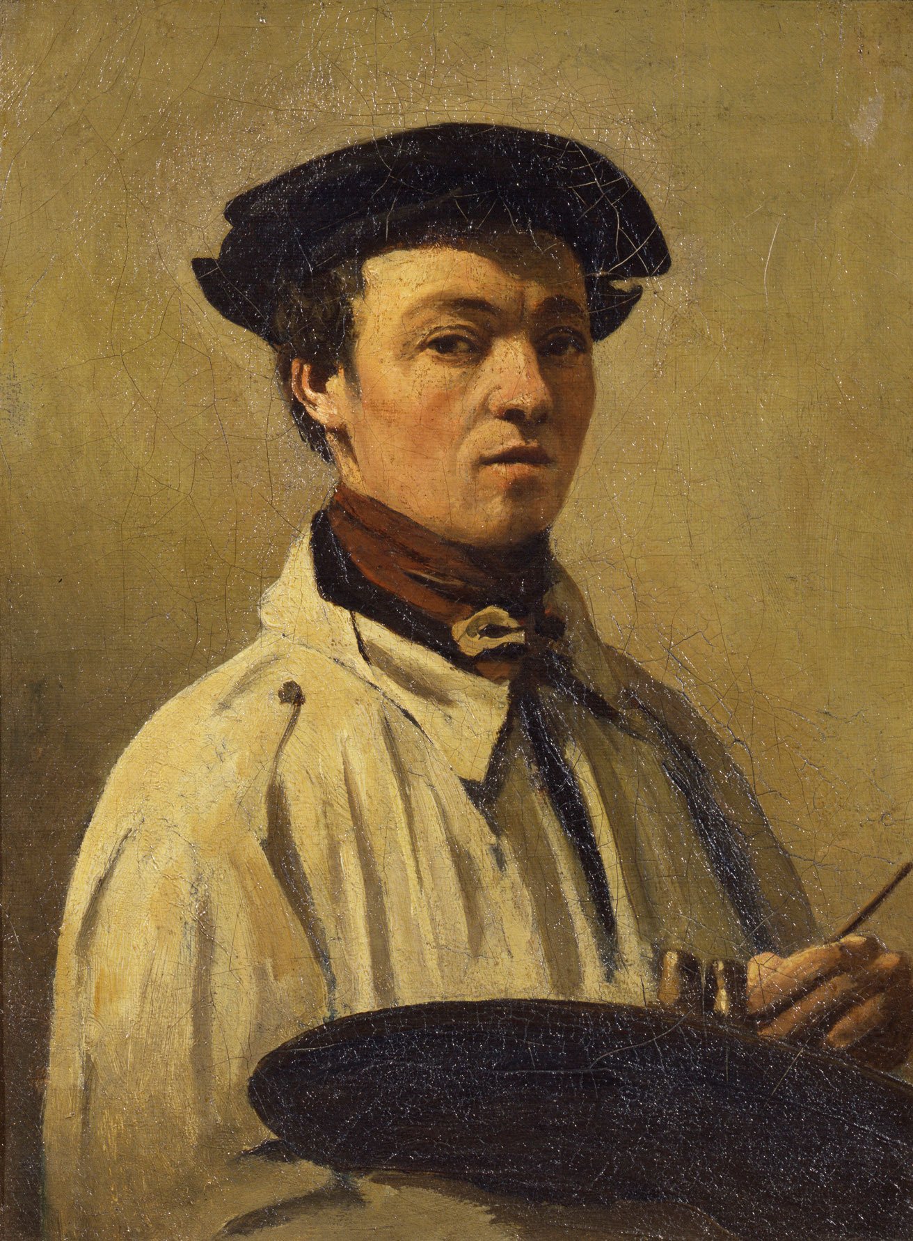 Ein junger Mann in einem weißem Hemd, mit einem roten Schal und einer Mütze. Er hält eine Palette in der Hand und einen Pinsel. Das Gemälde ist von Camille Corot.