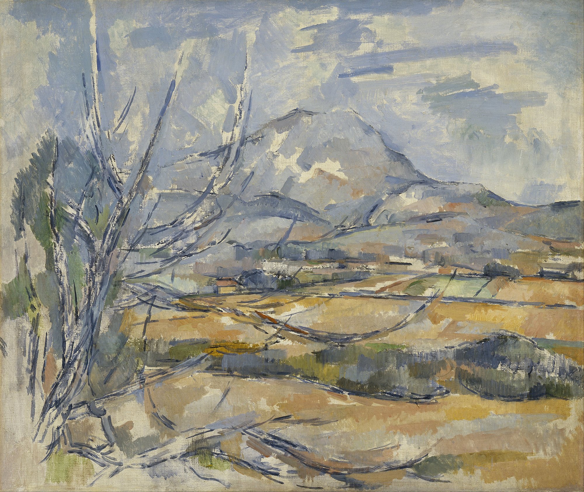 Cézannes Gemälde "Montagne Sainte-Victoire": Im Vordergrund sieht man eine Landschaft und im Hintergrund einen Berg. Die Farbgebung ist blau und beige.