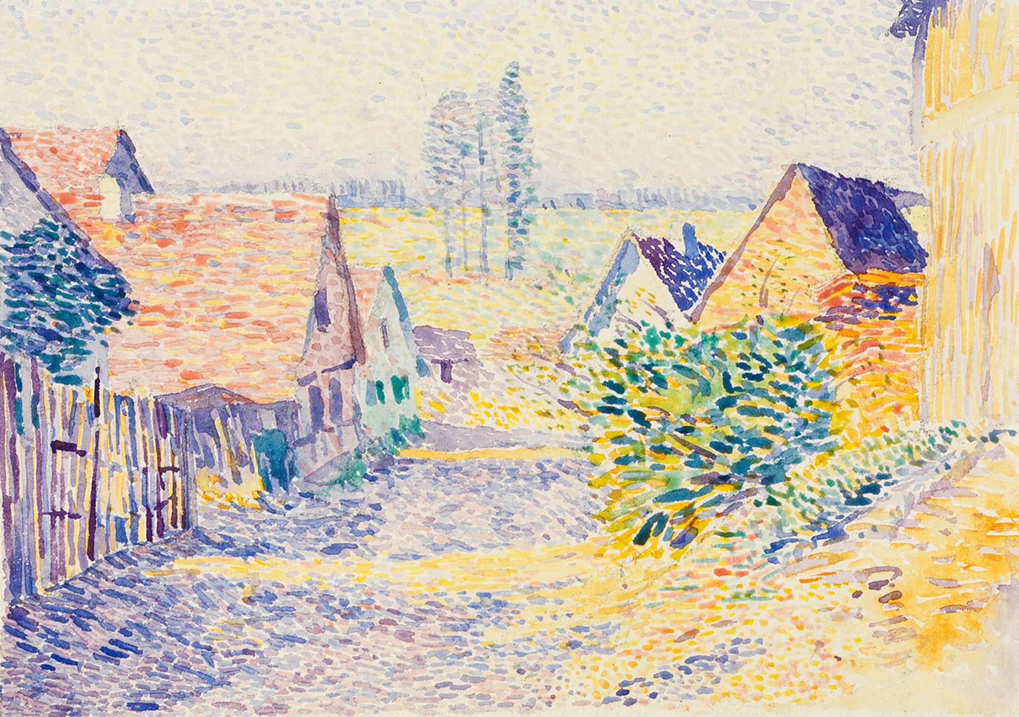 Abbildung des Werks "Dorfstraße in Leopoldshafen II" des Künstlers Alexander Kanoldt, das in der Ausstellung "Hierzulande". Die Abbildung ziegt eine Dorfszene mit Häusern und Straße.