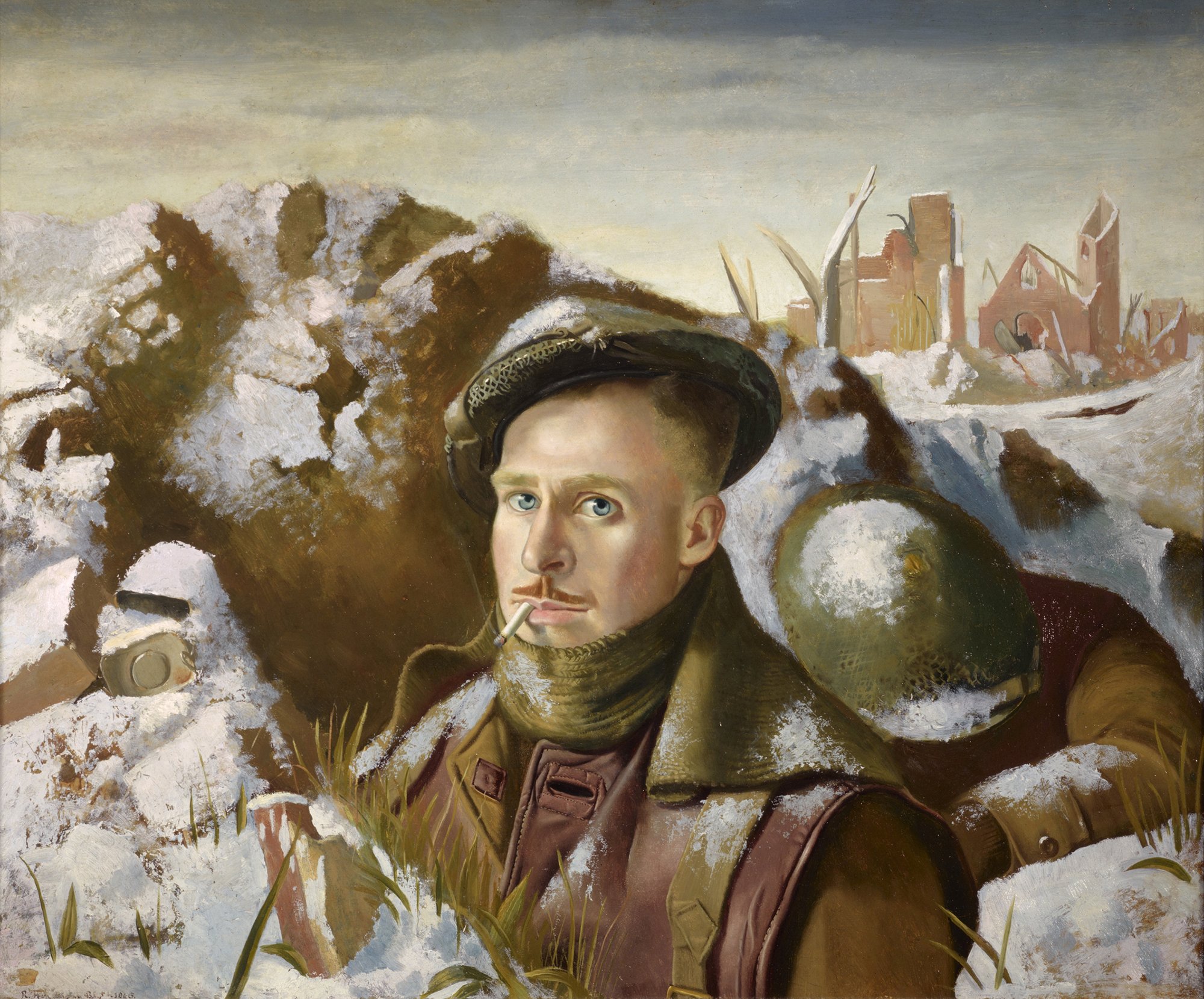 Abbildung des Werks "Unsichere Existenz" von Robert Henderson Blyth aus dem Jahr 1946. Der Künstler malte sich als Soldat in einem Schützengraben. Hinter ihm sieht man eine zerstörte Stadt. Alles ist leicht mit Schnee bedeckt.