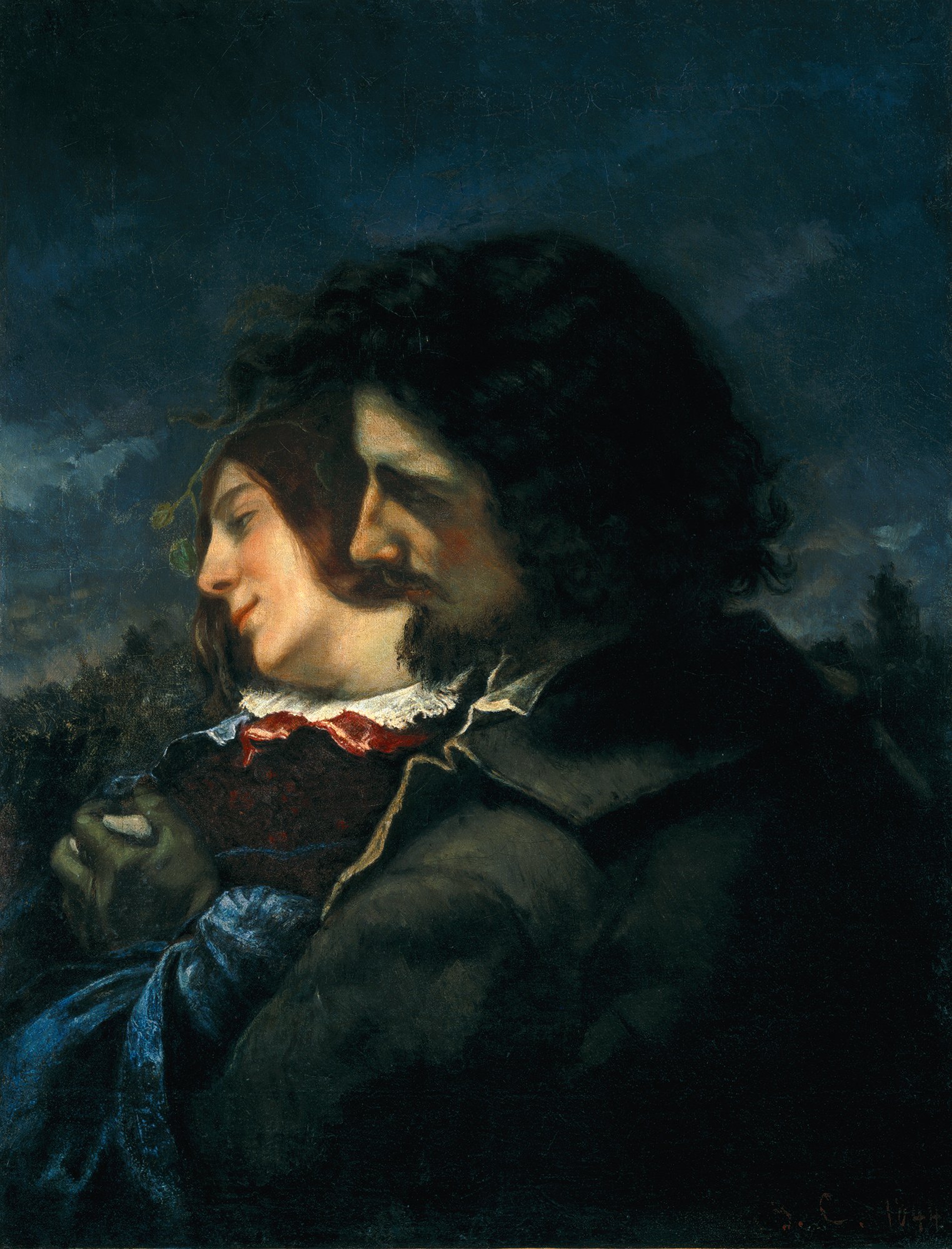 Abbildung des Werks "Die Liebenden auf dem Land" von Gustave Courbet aus dem Jahr 1844, das in der Ausstellung "Ich bin hier" vom 31. Oktober 2015 bis 31. Januar 2016 in der Staatlichen Kunsthalle Karlsruhe zu sehen war.