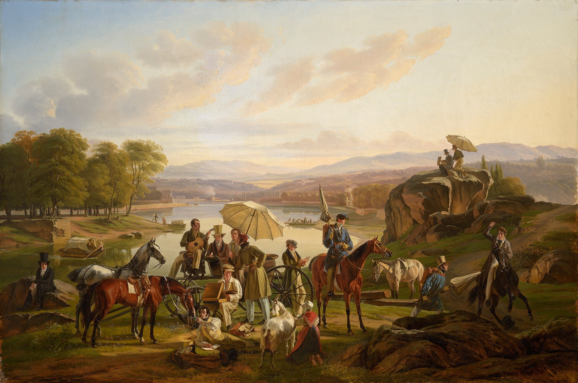 Abbildung des Werks "Rast der Künstler am Ufer der Saône" von Antoine Duclaux aus dem Jahr 1824, das in der Ausstellung "Ich bin hier" vom 31. Oktober 2015 bis 31. Januar 2016 in der Staatlichen Kunsthalle Karlsruhe zu sehen war.