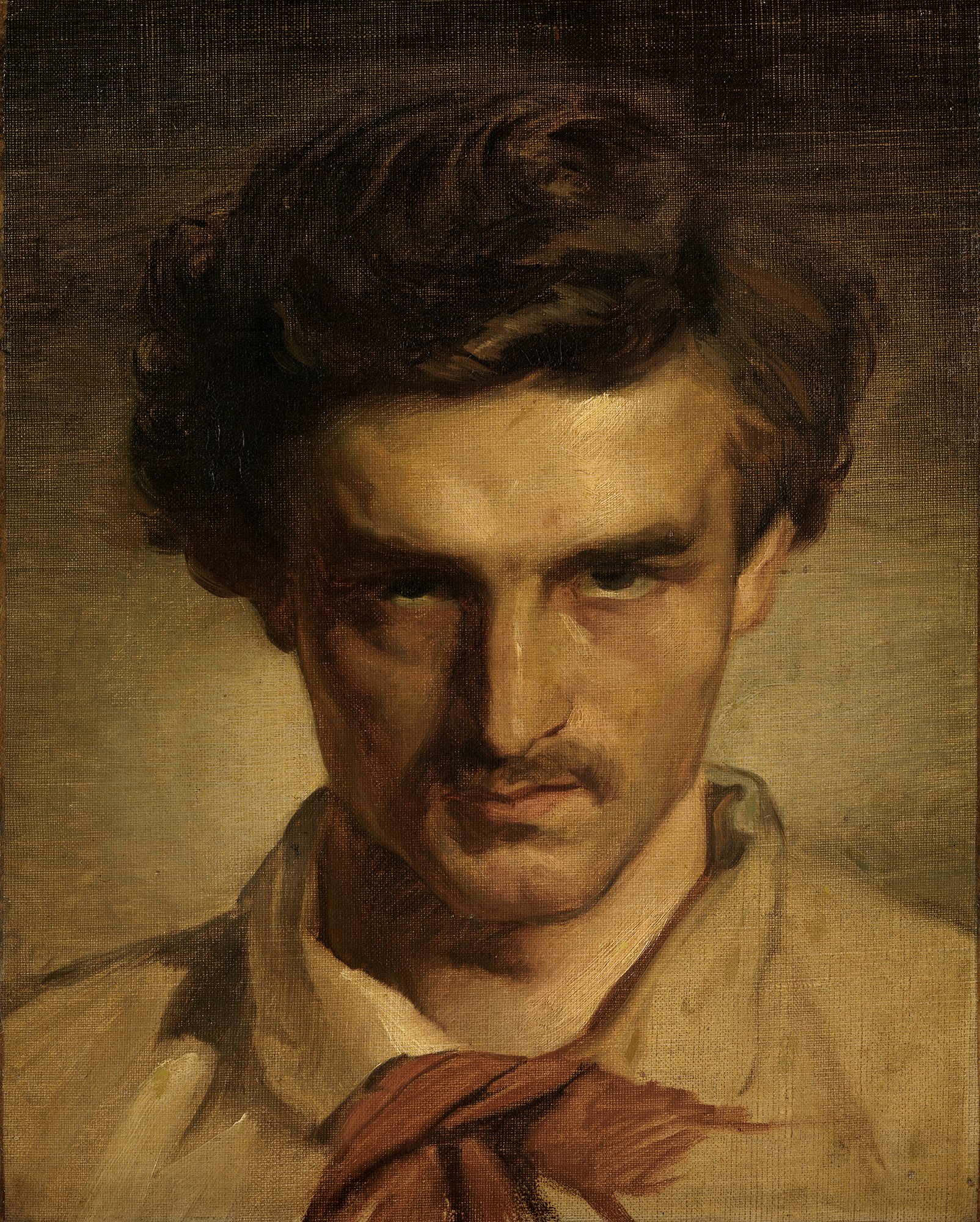 Abbildung des Werks "Jugendliches Selbstbildnis" von Anselm Feuerbach aus dem Jahr 1852/53. Der Künstler hat einen Schnäuzer und mittellange braune Haare.