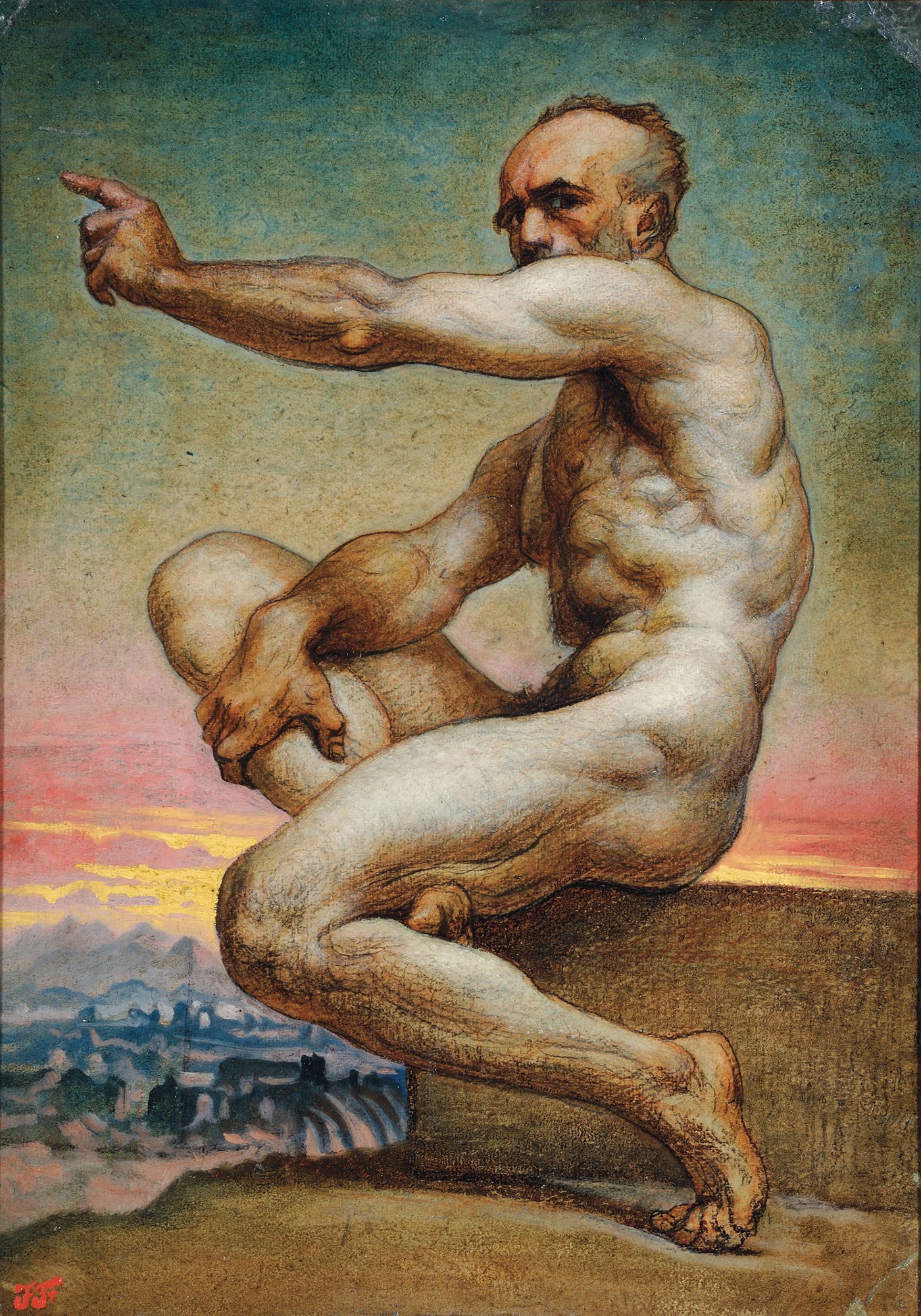 Abbildung des Werks "Selbstbildnis als Akt" von Jean-Baptiste Frenet aus den Jahren 1850/60. Der Künstler sitzt nackt auf einem Fels und zeigt mit seiner Rechten Hand in die Ferne.
