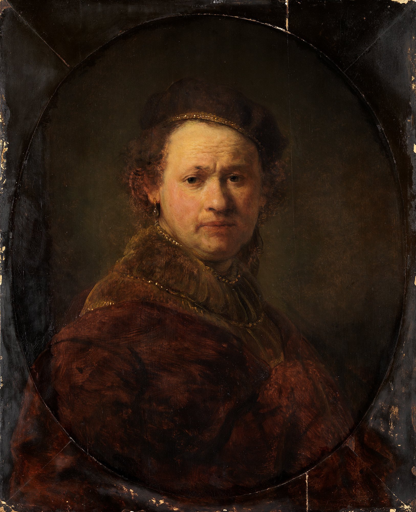 Abbildung des Selbstbildnisses von Rembrandt aus dem Jahr 1650. Er trägt ein braunes Gewand und einen braunen Hut.