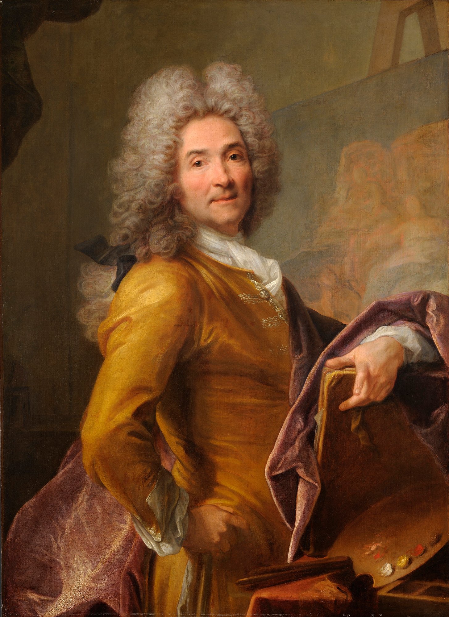 Abbildung des Werks "Selbstporträt mit Palette" von Joseph Vivien aus den Jahren 1715–1720. Der Künstler trägt ein gelbes Kostüm und hat eine graue Perücke auf.