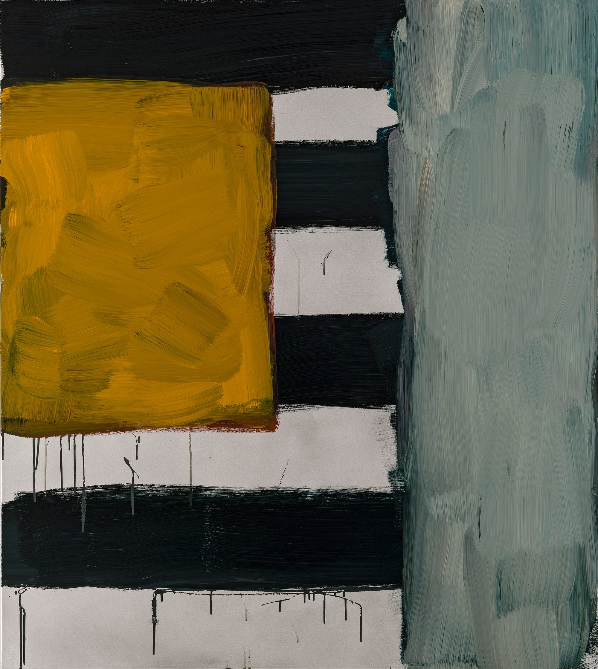 Abbildung des Werks "Window With" des zeitgenössischen Künstlers Sean Scully. Es zeigt gelbe, weiße und schwarze ecke Farbflächen.