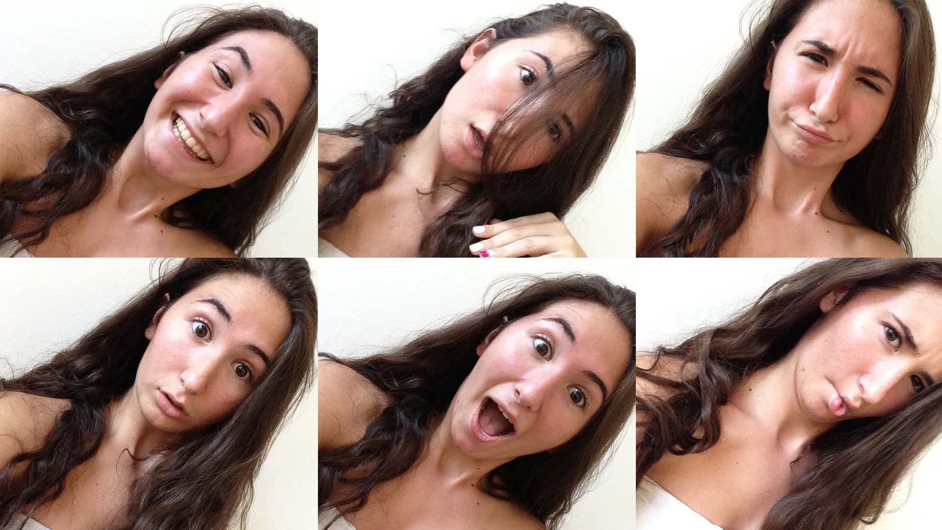 Collage aus Selfies einer jungen Frau mit braunen Haaren.