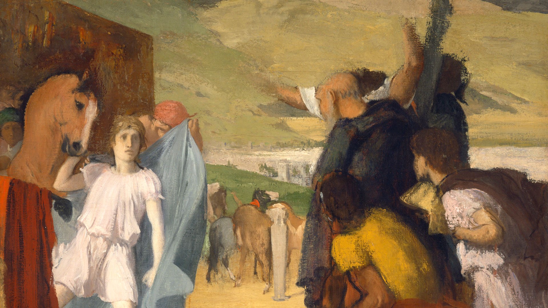 Zu sehen ist ein Gemälde Edgar Degas. Mehrere Personen halten zwei Pferde. Im Hintergrund sieht man noch mehr Pferde.