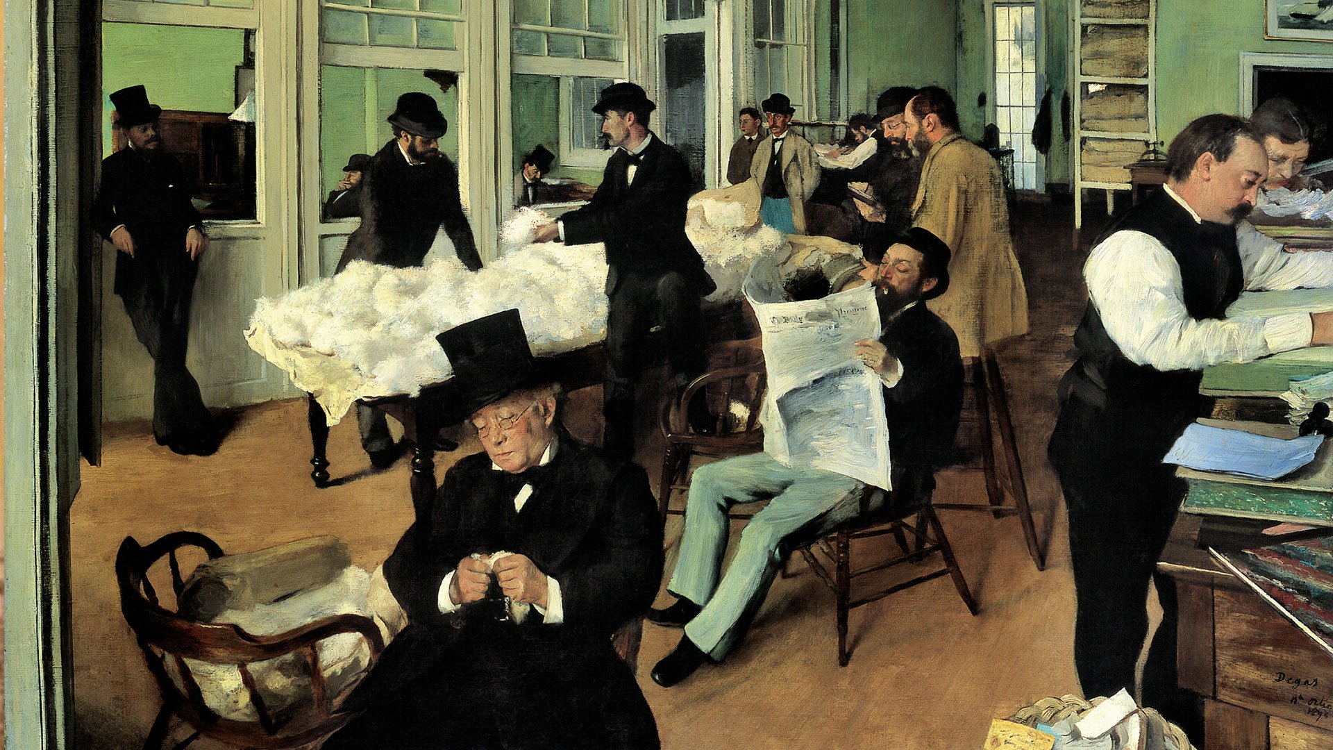 Edgar Degas Gemälde "Das Baumwollkontor in New Orleans": Mehrere Männern arbeiten in einem Büro. Der Mittlere liest aber Zeitung.
