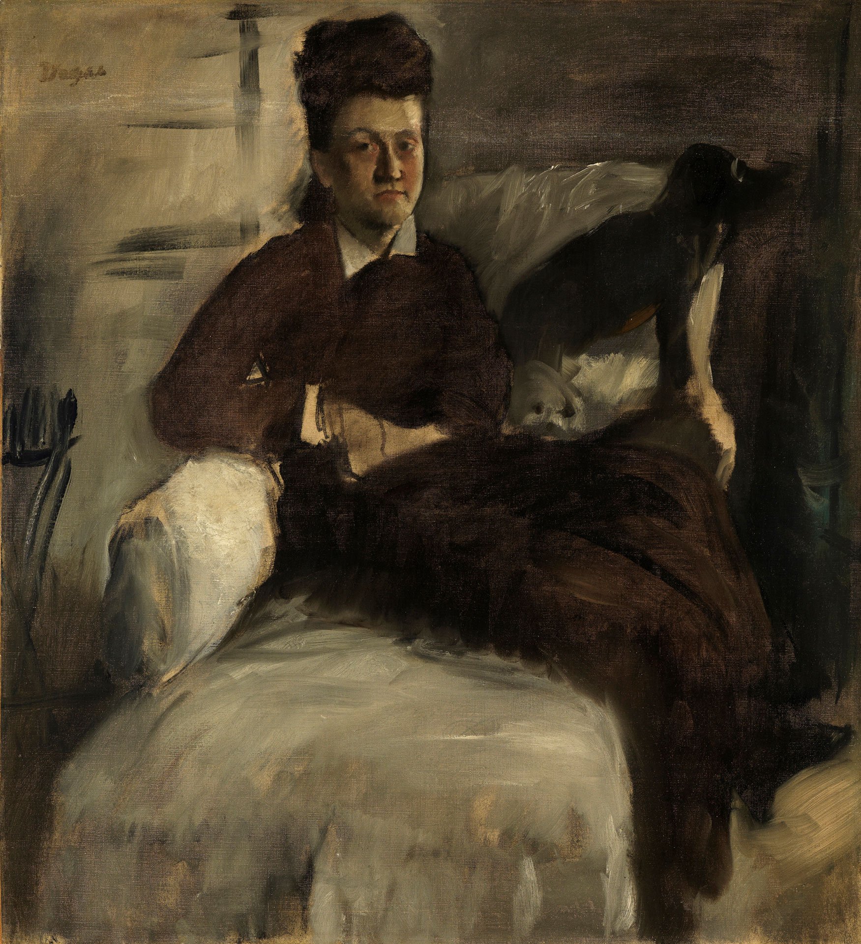 Zu sehen ist Edgar Degas Gemälde Bildnis Madame Jeantaud: Eine Frau sitzt auf einem Sessel. Neben ihr sind zwei Katzen.
