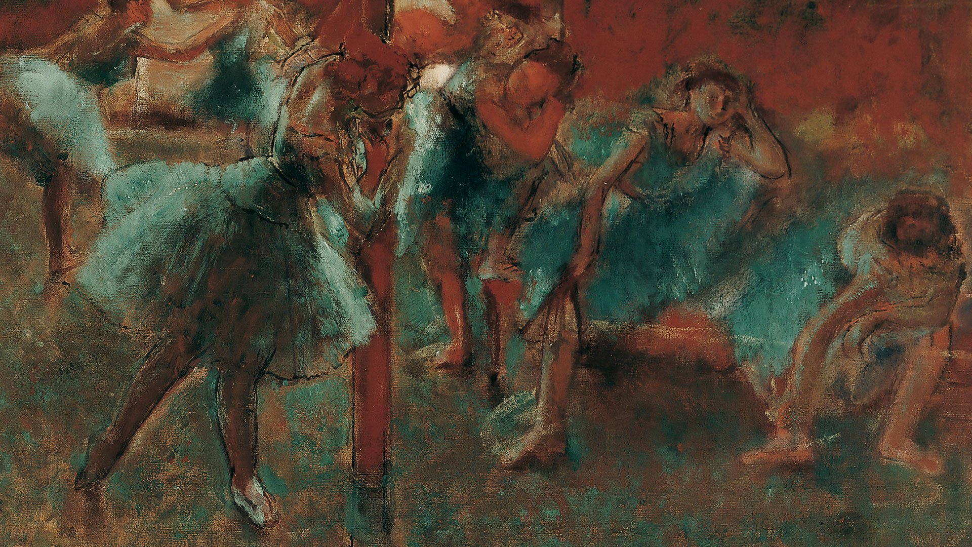 Zu sehen ist ein Gemälde Edgar Degas. Tänzerinnen im Probensaal. Die Tänzerinnen tragen türkise Tütüs.