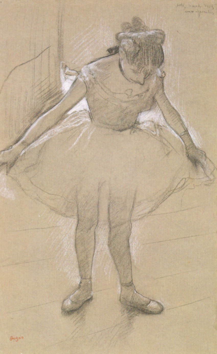 Eine Zeichnung Degas, die eine jungen Mädchens mit einem Tütü zeigt.