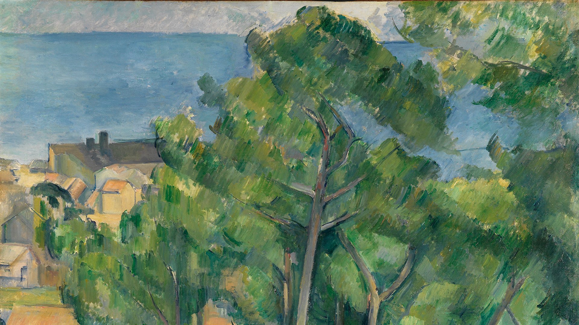 Cezanne Gemälde mit Bäumen im Vordergrund und Häusern im Hintergrund.