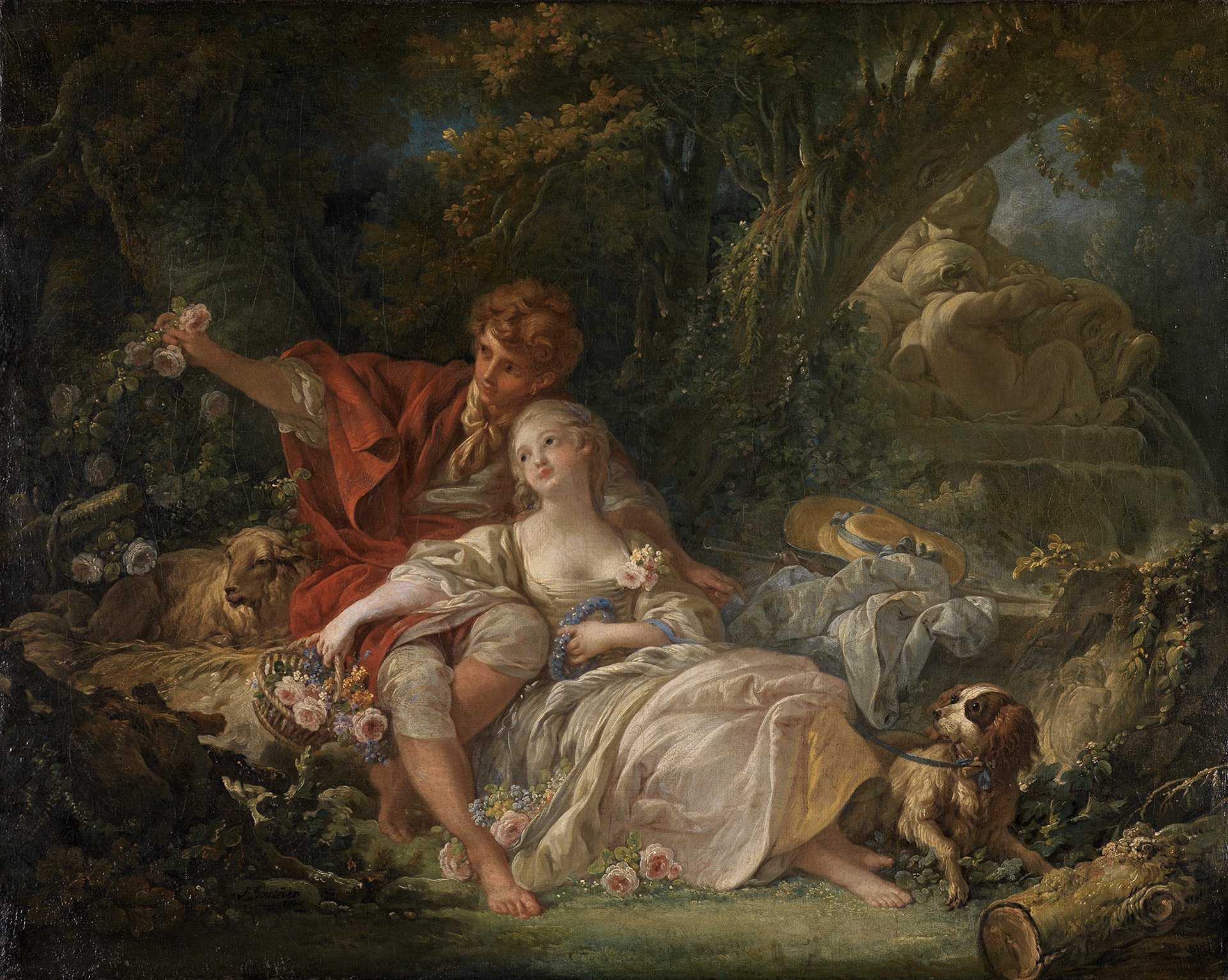 Abbildung des Werks "Schäfer und Schäferin" von François Boucher aus dem Jahr 1760. Es zeigt zwei Jugendliche, die vor einem Baum ruhen. Sie hält einen Hund an der Leine. Er pflückt eine Rose vom Busch.