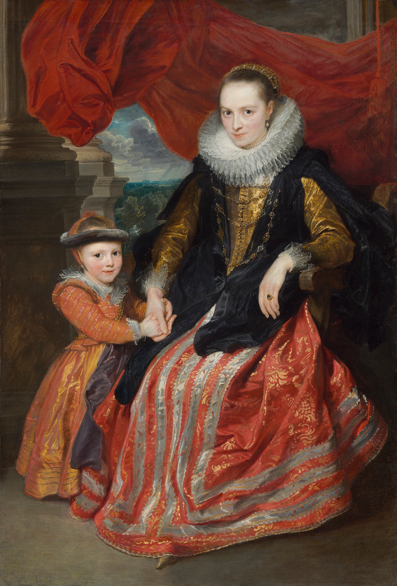 Abbildung des Werks "Susanna Fourment und ihre Tochter" von Anthonis van Dyck aus dem Jahr 1621, das in der Ausstellung "Die Meister-Sammlerin" vom 30. Mai bis 6. September 2015 in der Staatlichen Kunsthalle Karlsruhe zu sehen war.