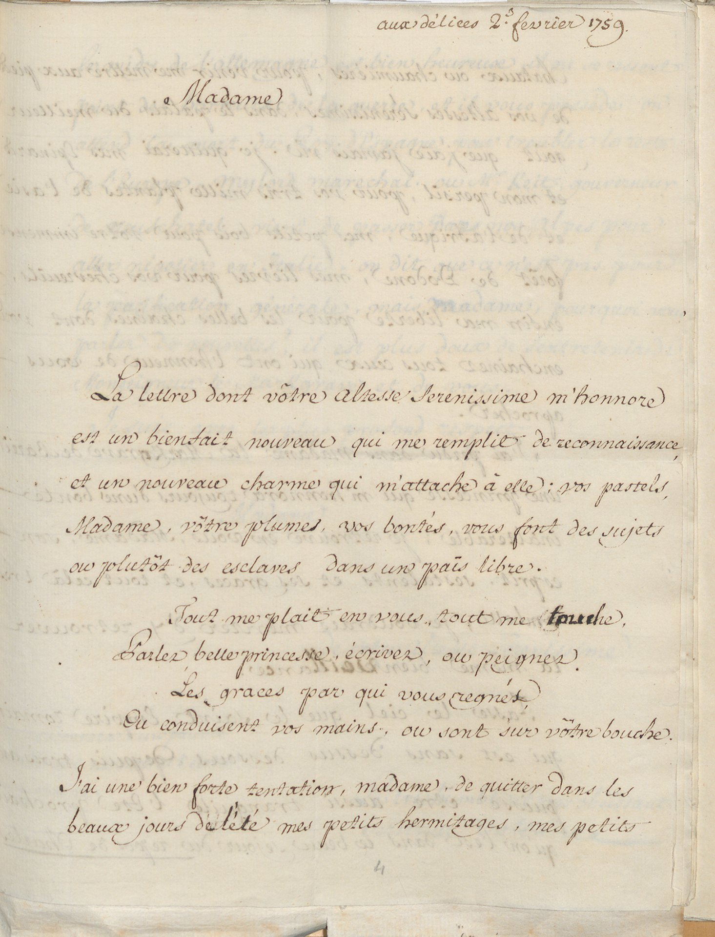 Abbildung des Briefs von Voltaire an Karoline Luise vom 2. Februar 1759, der in der Ausstellung "Die Meister-Sammlerin" vom 30. Mai 2015 bis 6. September 2015 in der Staatlichen Kunsthalle Karlsruhe zu sehen war.