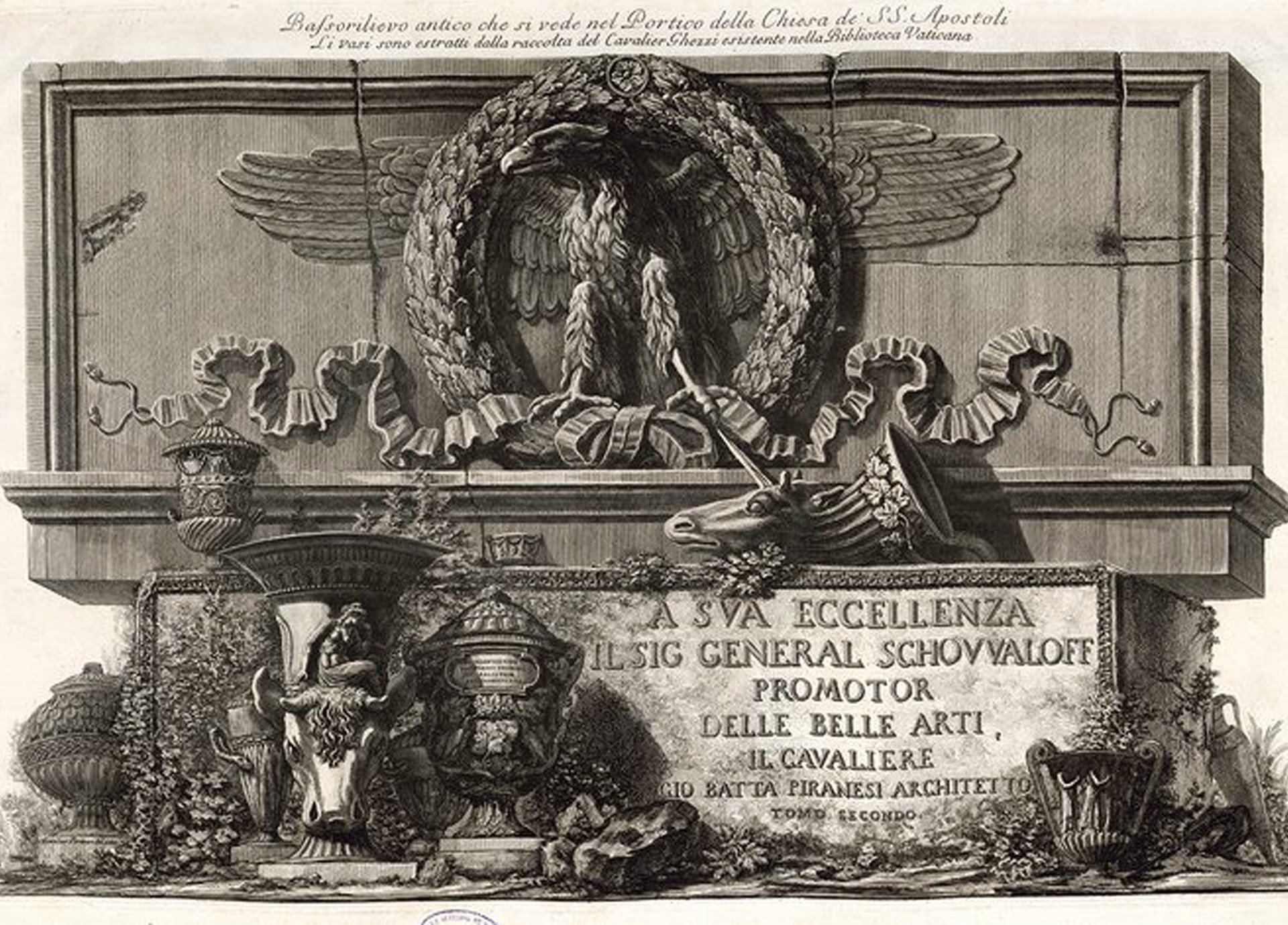 Abbildung eines Titelblattes von Giovanni Battista Piranesi. Es zeigt eine Tafel mit einem Lorbeerkranz. In dem Kranz ist ein Adler.