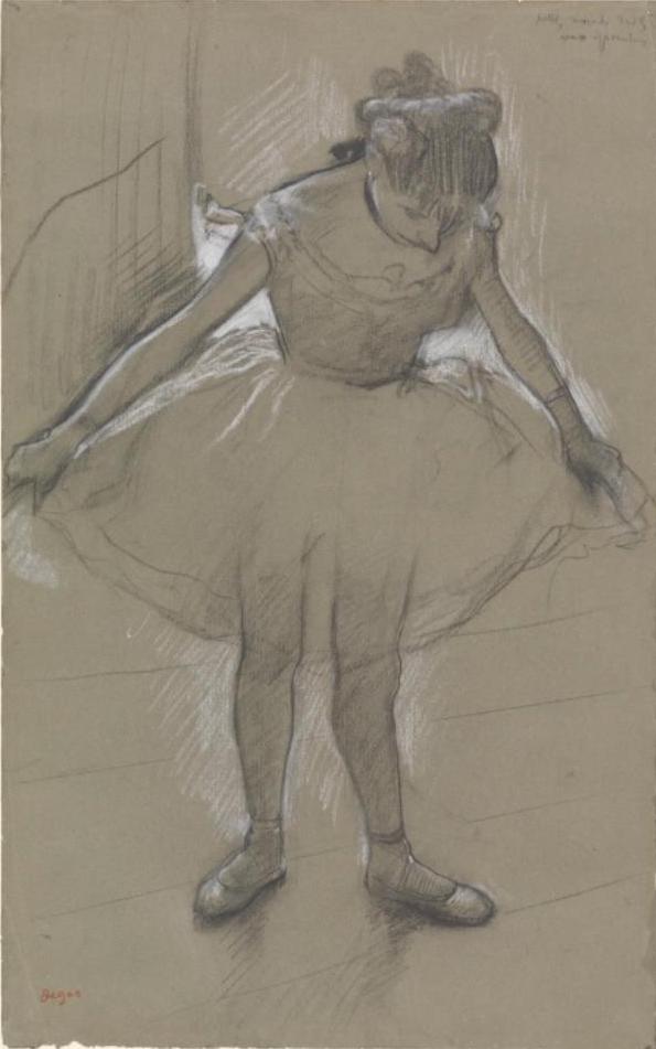 Abbildung von Edgar Degas Junge Tänzerin im Gegenlicht. Zu sehen ist ein junges Mädchen in einem Ballettkleid. Das Mädchen schaut auf den Boden.