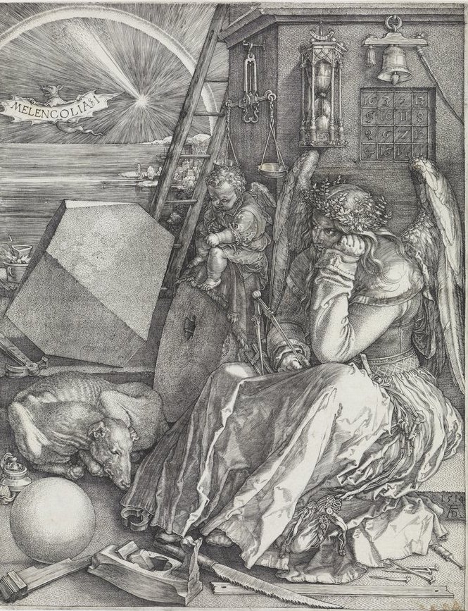 Abbildung des Kupferstichs Melencolia I (Die Melancholie) von Albrecht Dürer. Auf der Zeichnung ist eine traurig wirkende Frau zu sehen. Sie stützt ihren Kopf auf die Hand. Um sie herum liegen viele Gegenstände. Auf dem Boden liegt ein Hund.