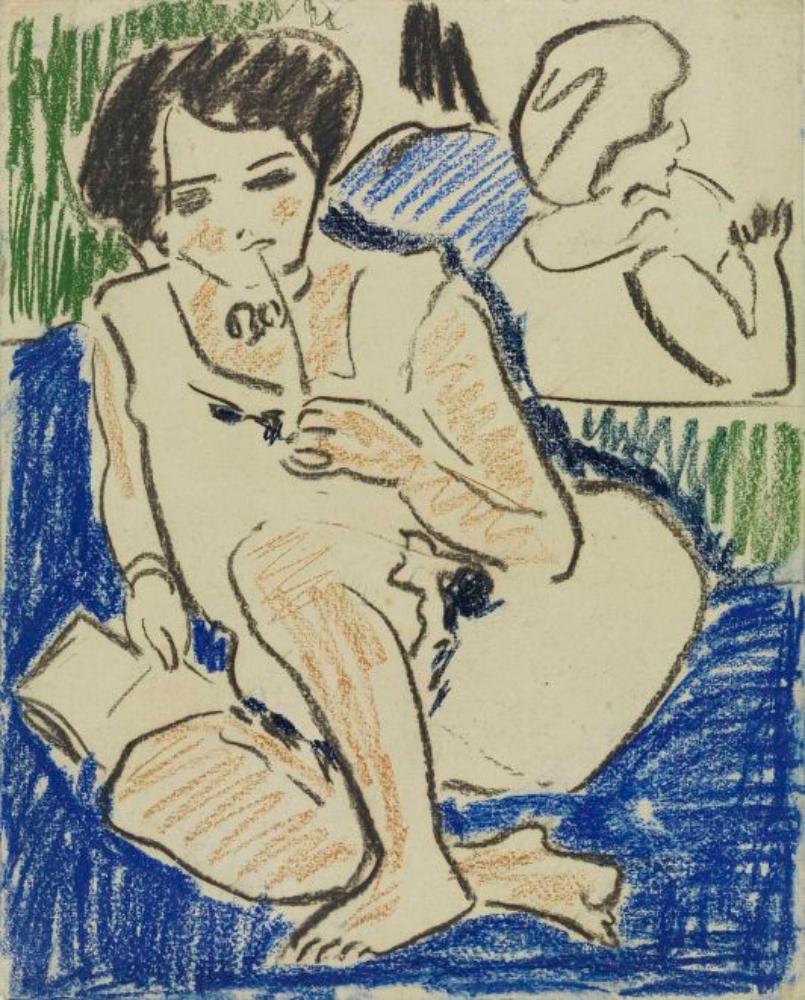 Abbildung von Ernst Ludwig Kirchners Hockende mit Buch. Eine Frau hockt auf einer blauen Decke und hält ein Buch in ihrer Hand.