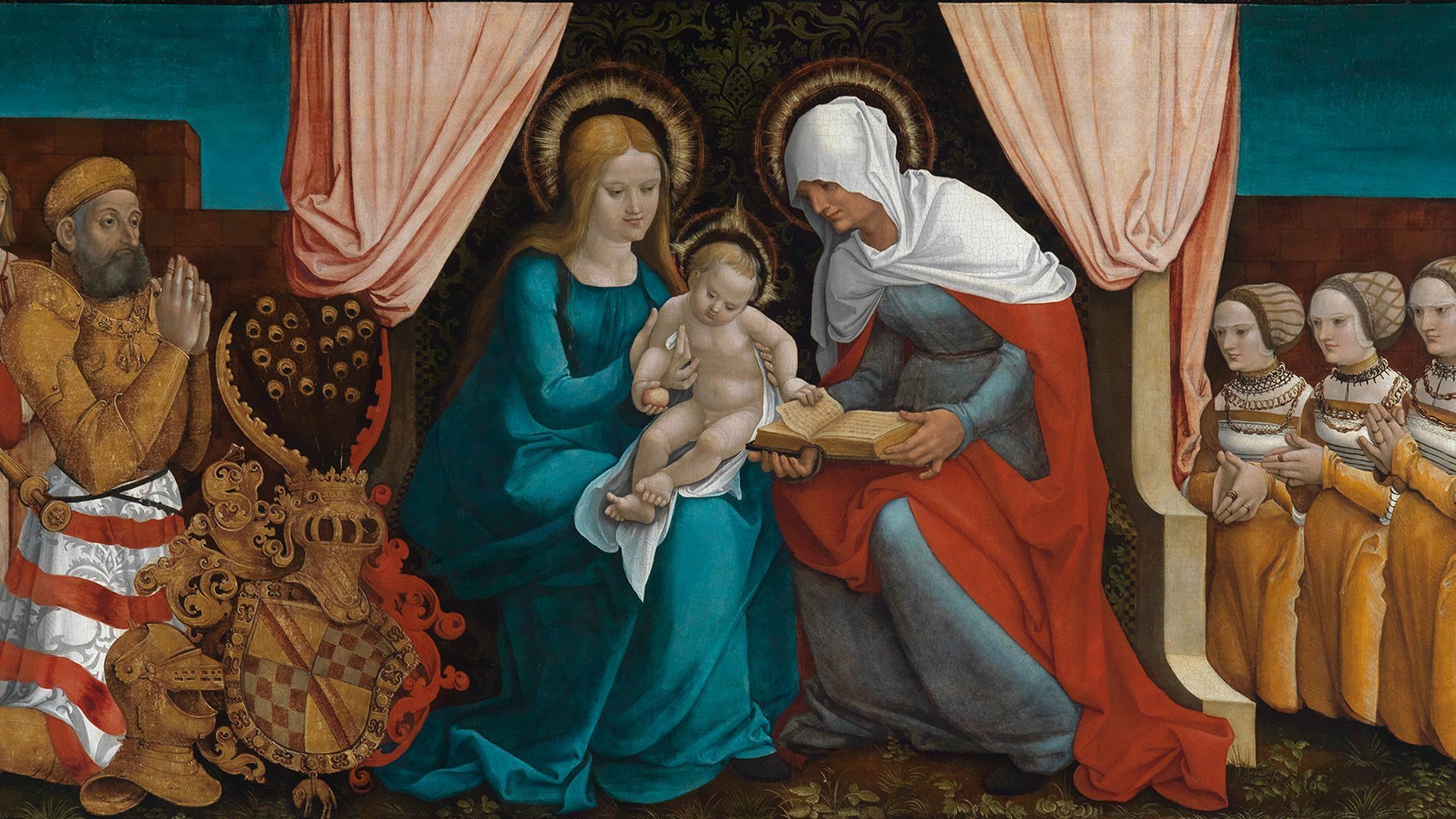 Detail der Markgrafentafel Hans Baldung Griens. Es zeigt Maria, die das Jesuskind auf dem Arm hält. Neben ist eine weitere Frau, die ein Buch in der Hand hält. Rechts und links sind weitere Personen, die knien.