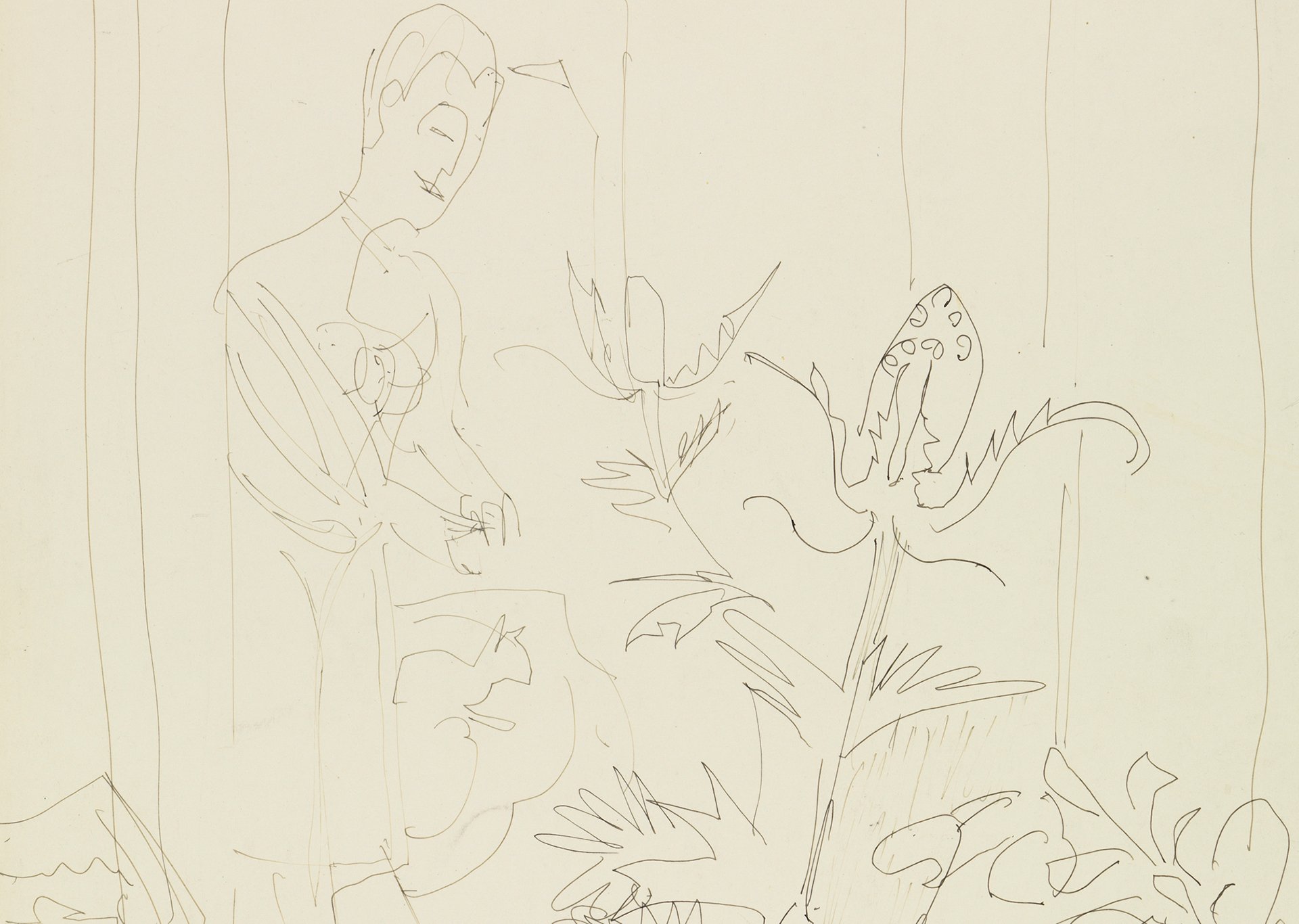 Ausschnitt aus der Zeichnung "Interieur mit Blumenvase, Frau und Katze" von Ernst Ludwig Kirchner, entstanden um 1934 aus der Sammlung der Kunsthalle Karlsruhe