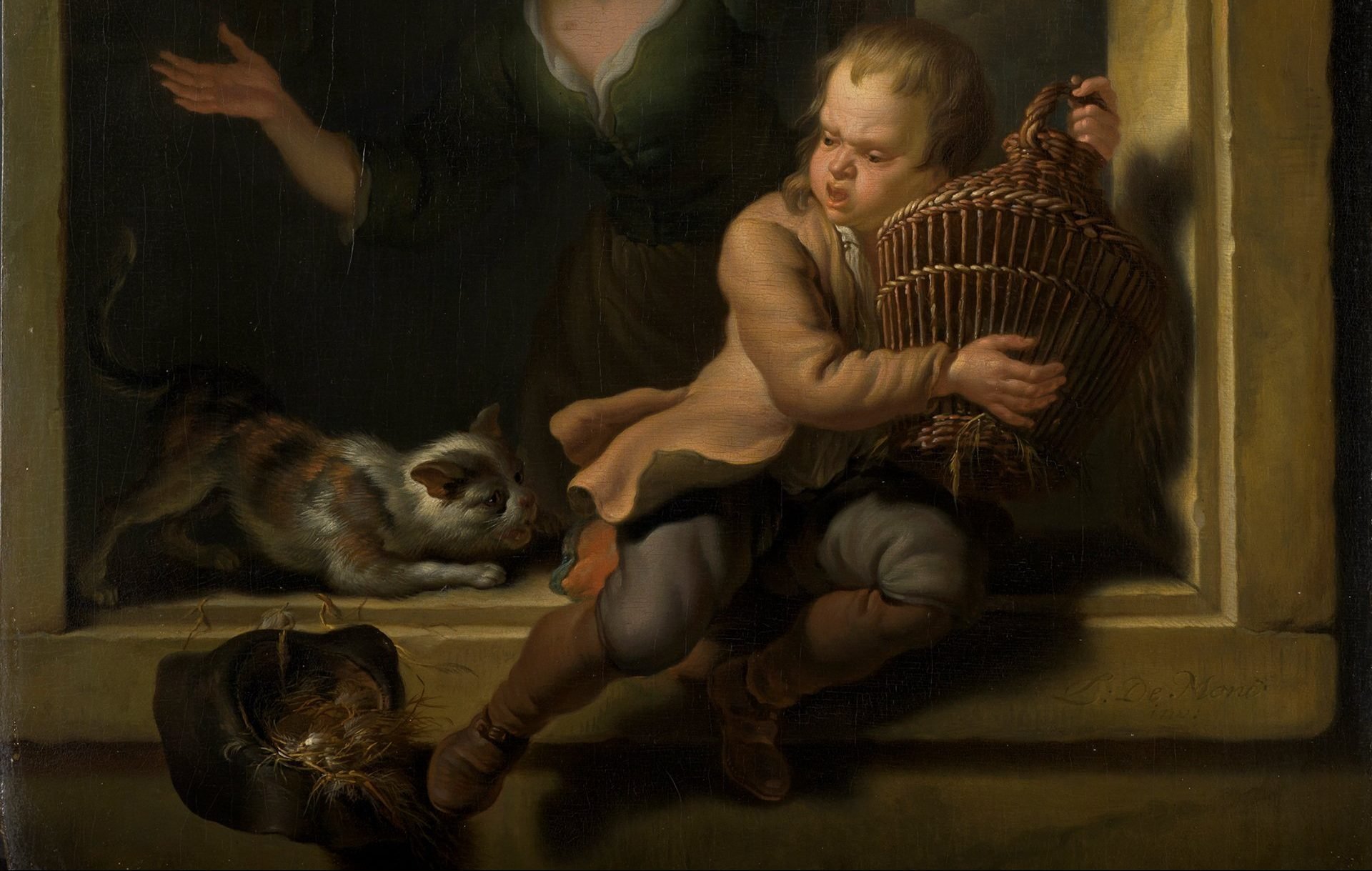 Ausschnitt aus dem Gemälde Die Rettung des Vogels vor der Katze von Louis de Moni aus der Sammlung der Kunsthalle Karlsruhe. Es zeigt einen Knaben der in seinen Händen einen Vogelkäfig mit Vogel hält und es vor einer Katze beschützt.