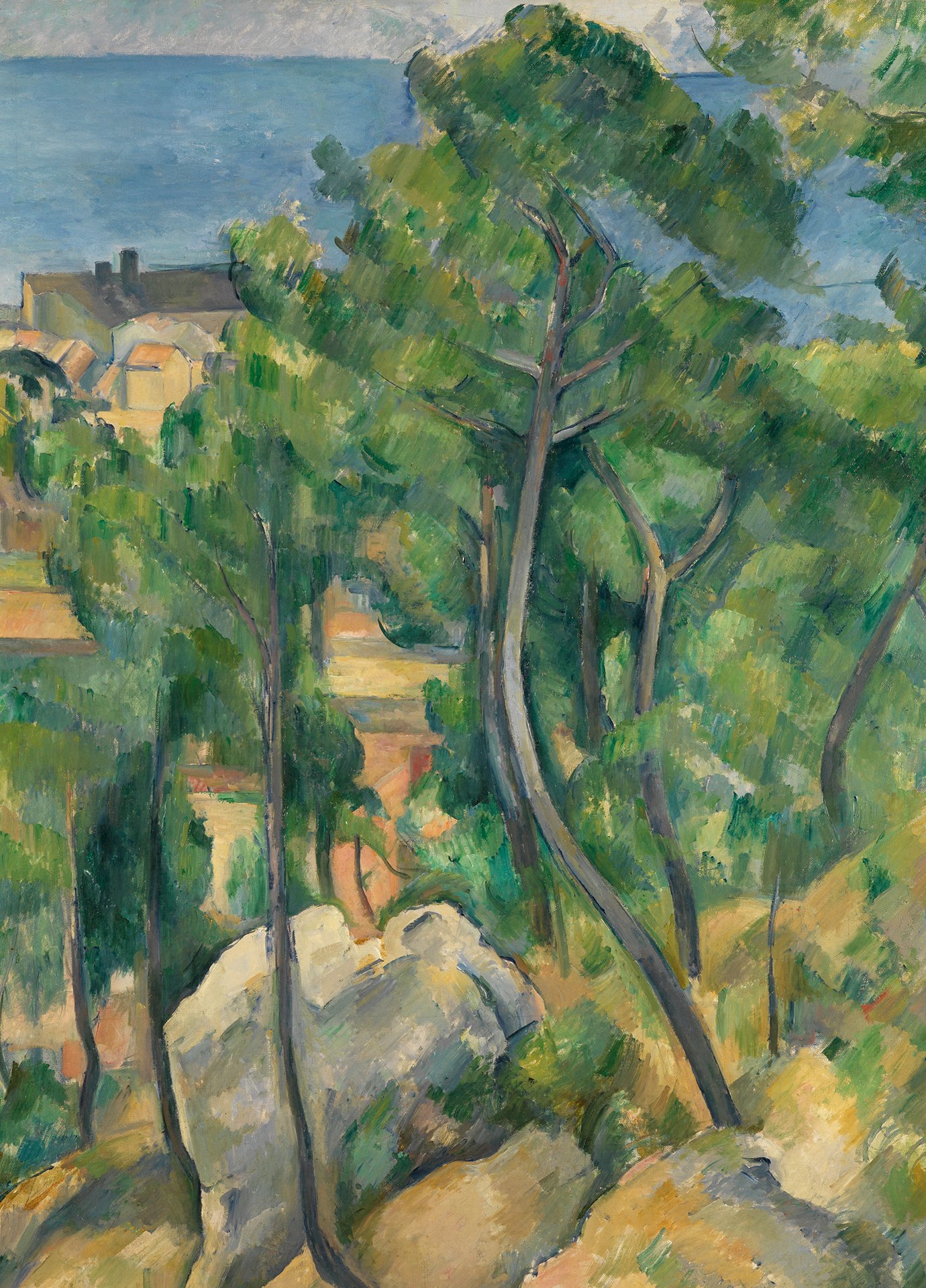 Abbildung des Werks Blick auf das Meer bei L'Estaque von Paul Cézanne aus der Sammlung der Kunsthalle Karlsruhe. Man sieht im Vordergrund Bäume und im Hintergrund eine Siedlung.