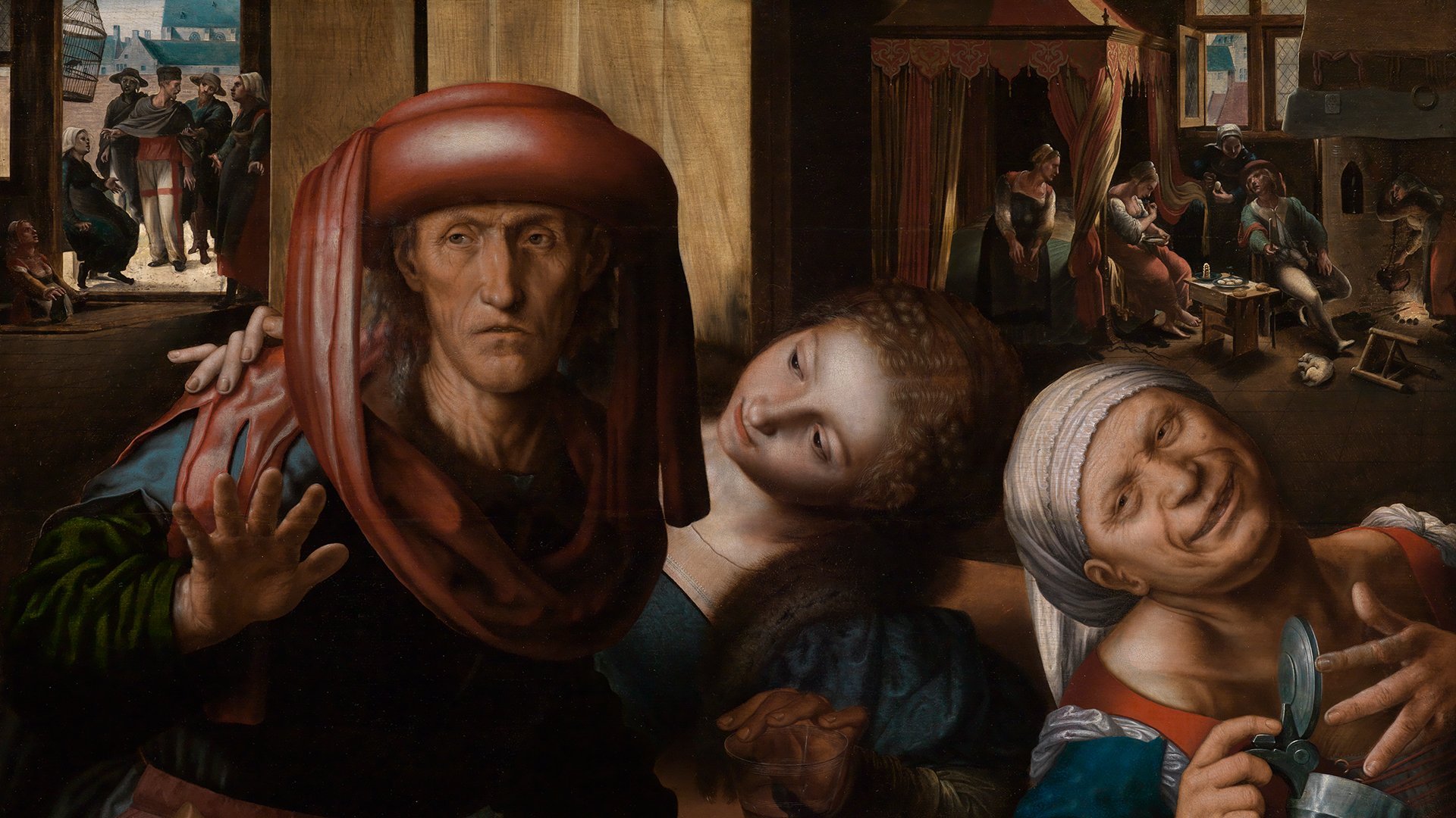 Detail des Werks Lockere Gesellschaft von Jan van Hemessen. es zeigt zwei Frauen und einen Mann. Der Mann trägt einen Hut. Eine Frau wendet sich dem Mann zu. Die andere Frau scheint betrunken. Im Hintergrund erkennt man eine Wirtshausszenerie mit weiteren Personen.
