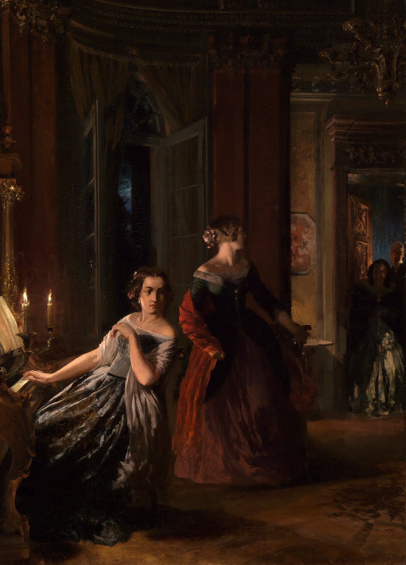 Abbildung des Gemäldes Adolph Menzel: Die Störung. Es zeigt zwei Frauen in ausladender Abendrobe, wovon eine an einem Klavier sitzt. Der Raum wirkt wie ein Innenraum eines Königsschlosses; mit Säulen Gold- und Marmorstuckaturen.