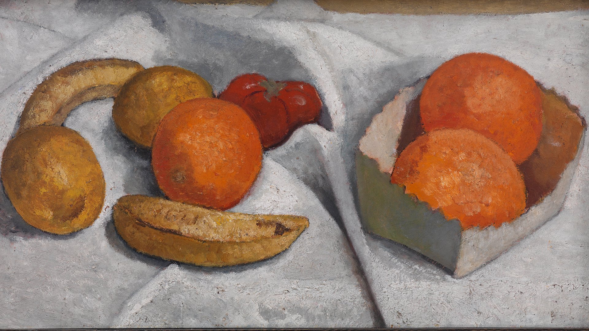 Detail des Gemäldes Stillleben mit Früchten von Paula Modersohn-Becker. Es zeigt Früchte auf einer weißen Tischdecke.