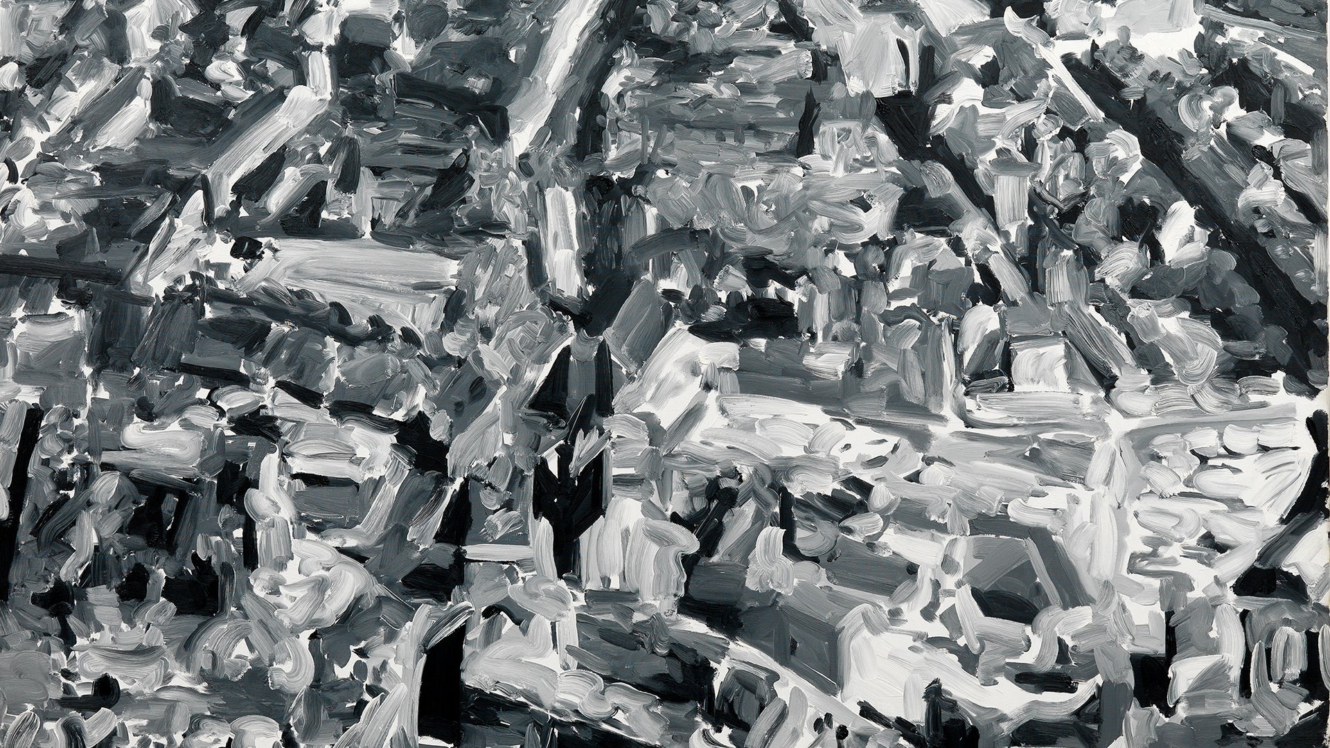 Detail des Werks Stadtbild F von Gerhard Richter. Das abstrakte Bild zeigt weiße, schwarze und graue Farbfelder.