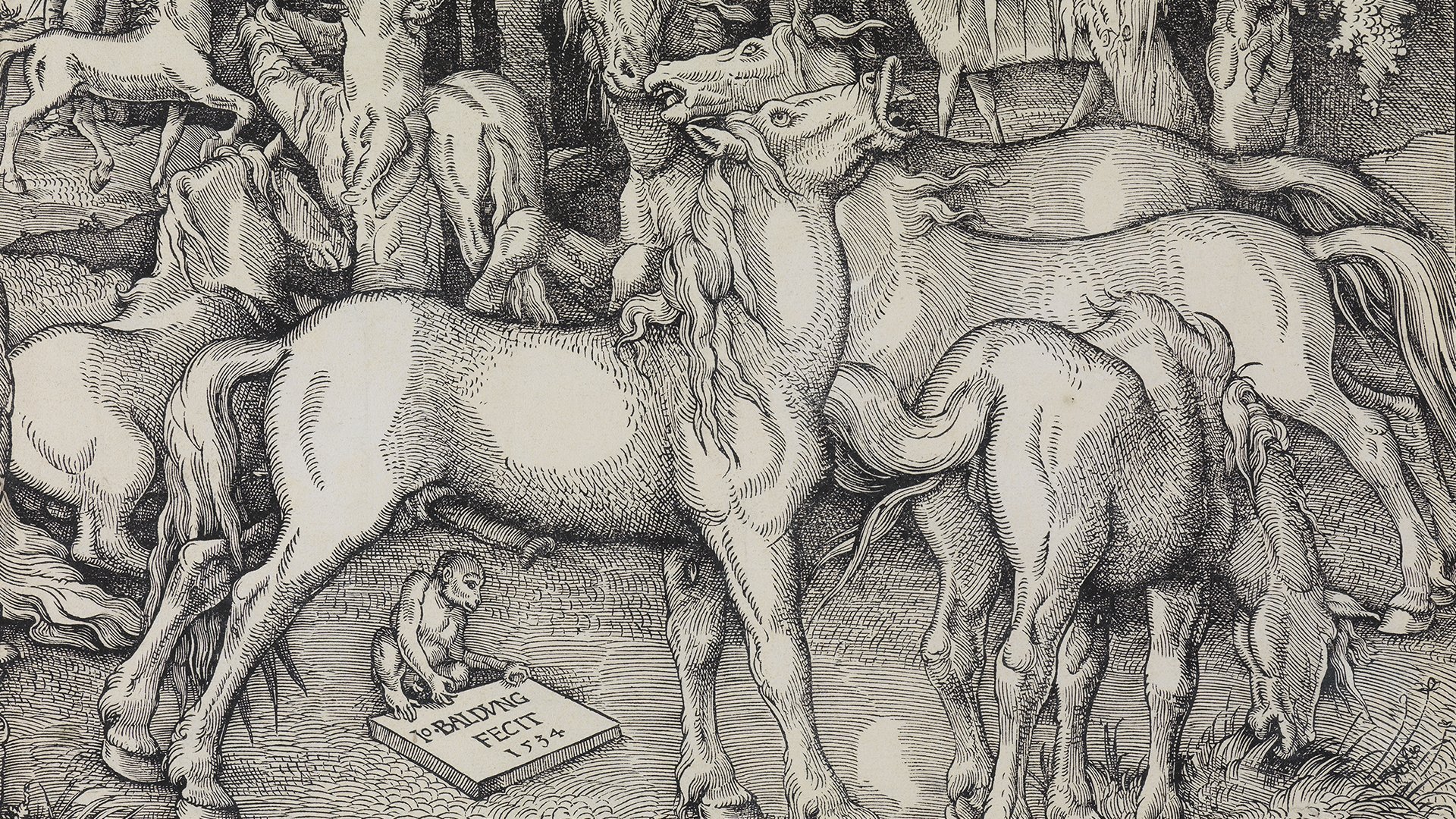 Abbildung von Hans Baldung Griens Holzschnitt, der sieben wilde Pferde zeigt