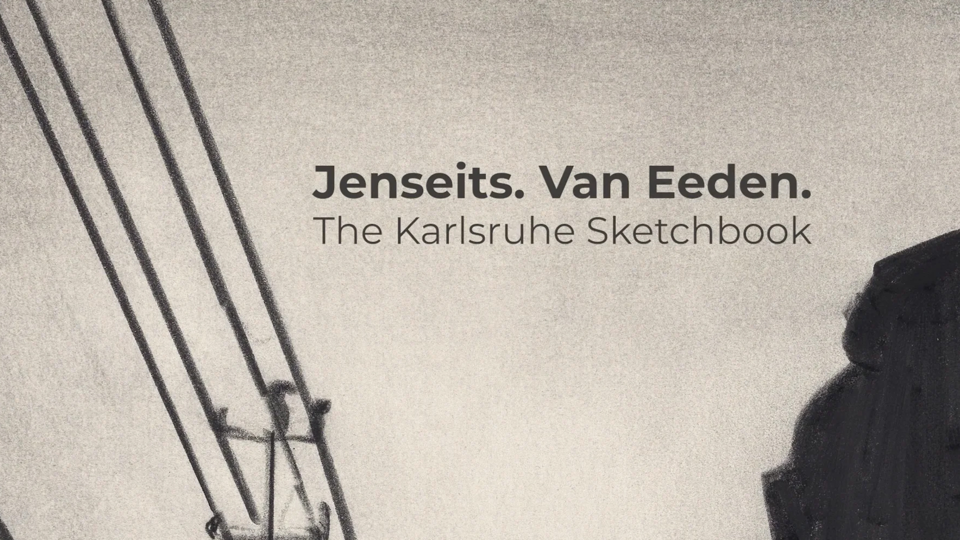 Die Abbildung des Künstlers Marcel von Eden zeigt ein Teil einer Stromleitung und den "Schriftzug Jenseits. Van Eden. The Karlsruhe Stechbook".