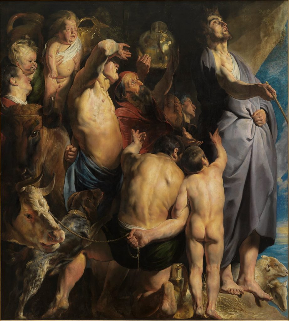 Abbildung des Werks Moses schlägt Wasser aus dem Felsen von Jacob Jordaens, entstanden um 1618. Moses steht rechts im Bild und hält einen Stock. Hinter ihm ist eine Personengruppe.