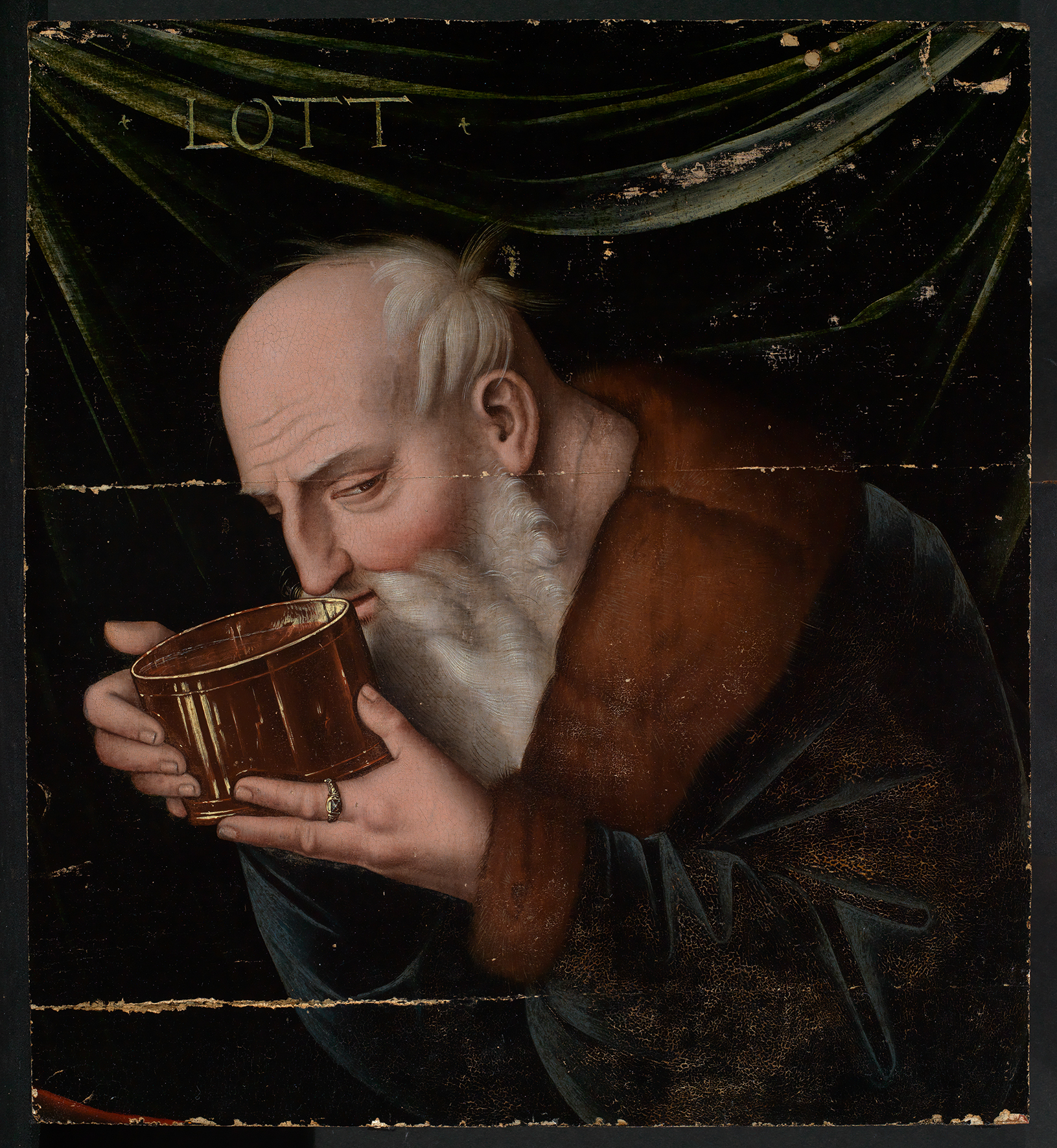 Fragment von Hans Baldung Griens Lot und seine Töchter. Es zeigt einen alten Mann, der aus einem Becher trinkt.