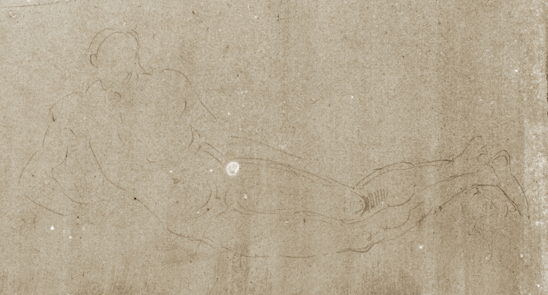 Abbildung einer Zeichnung aus dem Karlsruher Skizzenbuch des Renaissance-Künstlers Hans Baldung Grien. Zu sehen ist die Skizze eines liegenden Mannes.