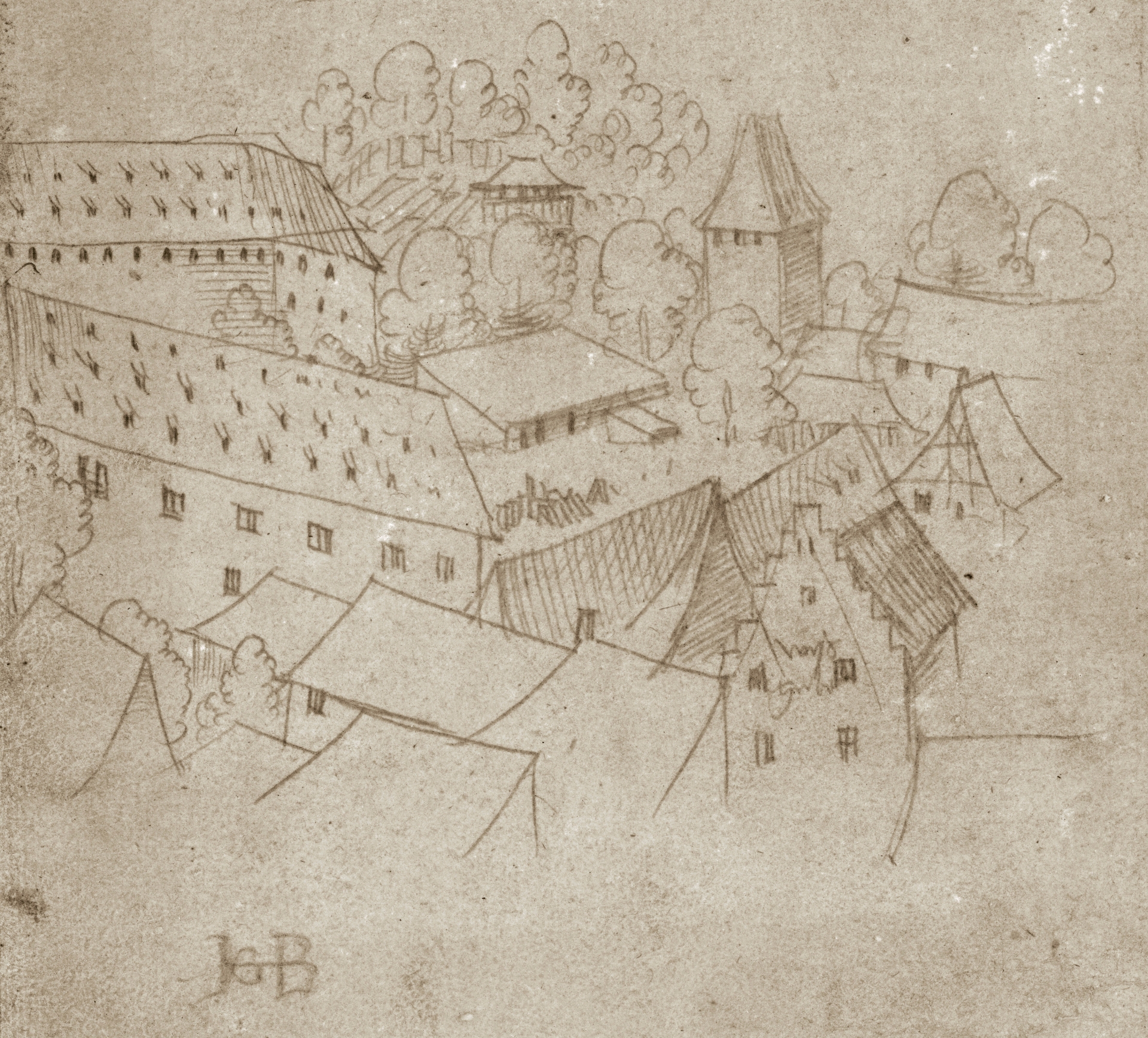 Abbildung einer Zeichnung aus dem Karlsruher Skizzenbuch des Renaissance-Künstlers Hans Baldung Grien. Zu sehen ist eine Burg mit Häusern.